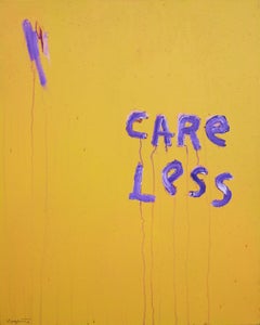 “Care Less” Abstract Contemporary Bright Yellow and Purple Painting with Texts