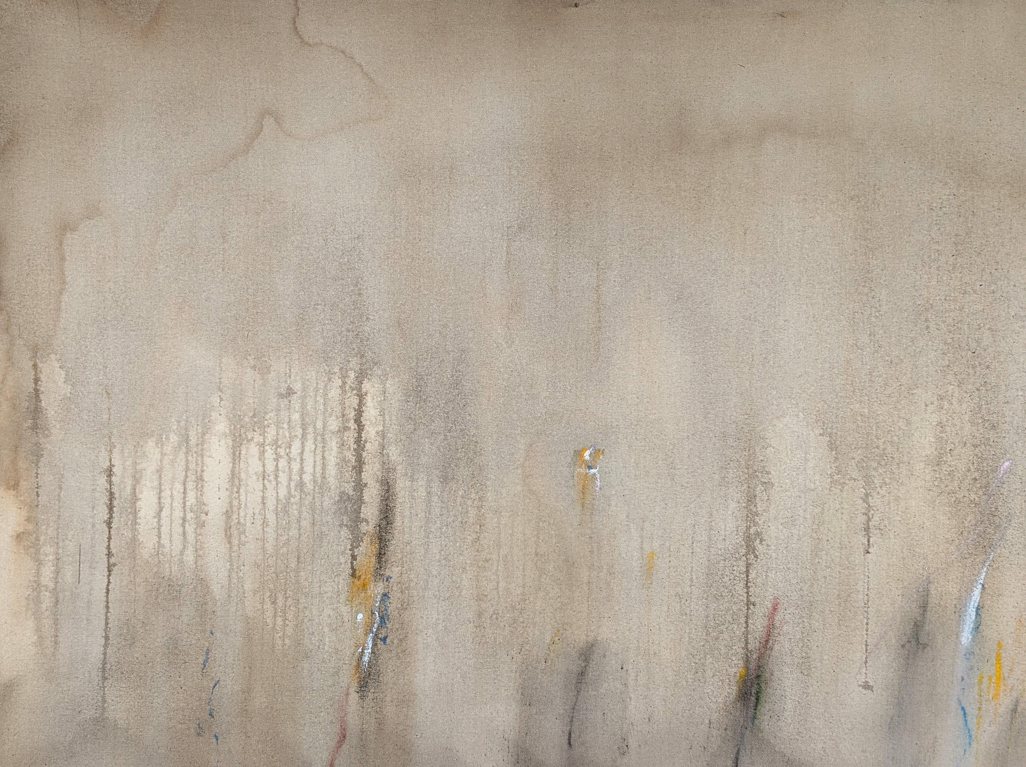 Pittura astratta contemporanea dell'artista Tra' Slaughter di Houston, TX. Il dipinto è caratterizzato da uno sfondo di tonalità neutra accentuato da espressivi tratti di colore giallo e nero. Firmato, intitolato e datato sul retro. Non