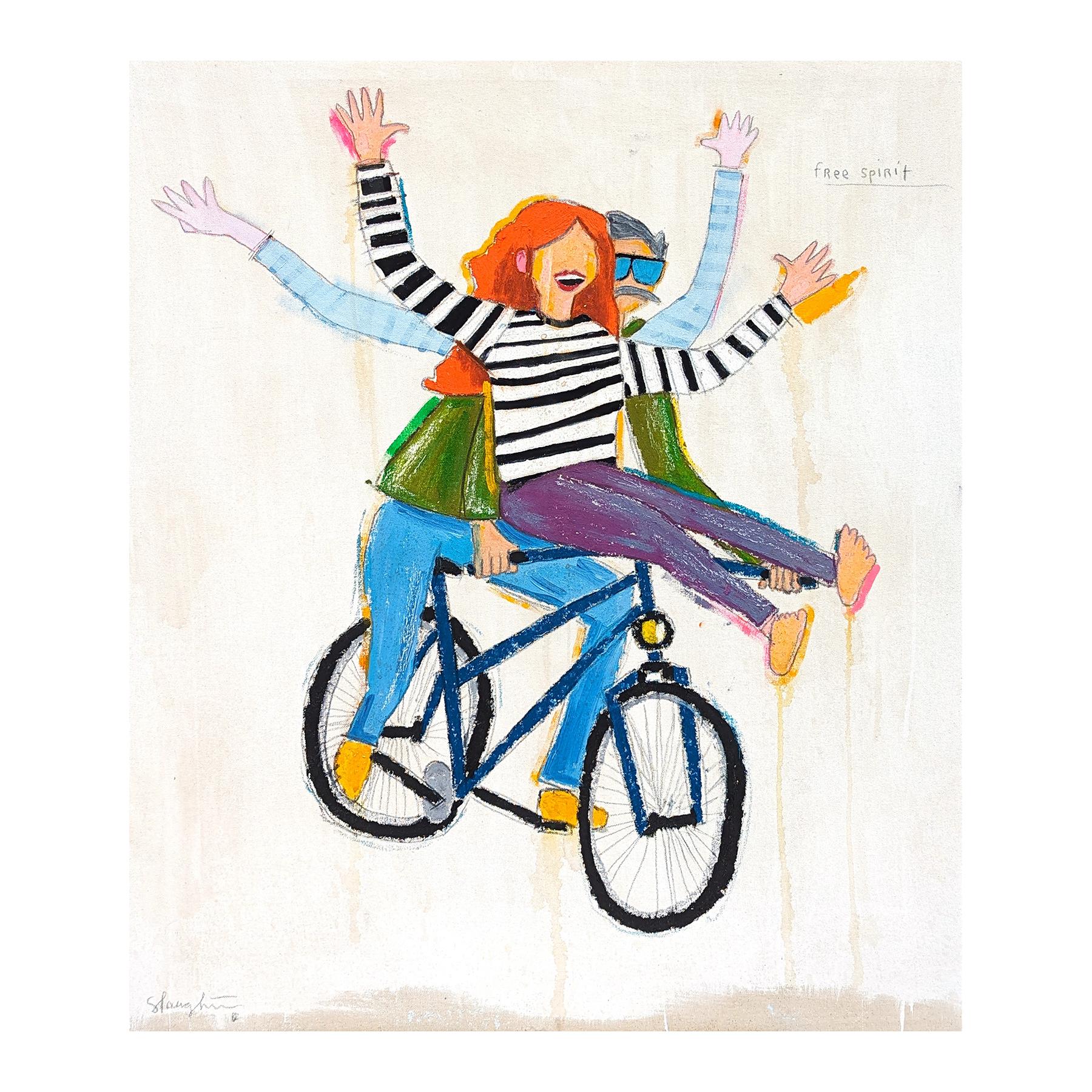 Figurative contemporary painting by Houston, TX artist Tra' Slaughter. The painting features a couple riding on a bicycle set against a light tan background. Signed in the front lower left corner as well as signed, titled, and dated on the reverse.