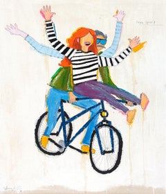 Esprit libre Peinture abstraite contemporaine colorée figurative à bicyclette