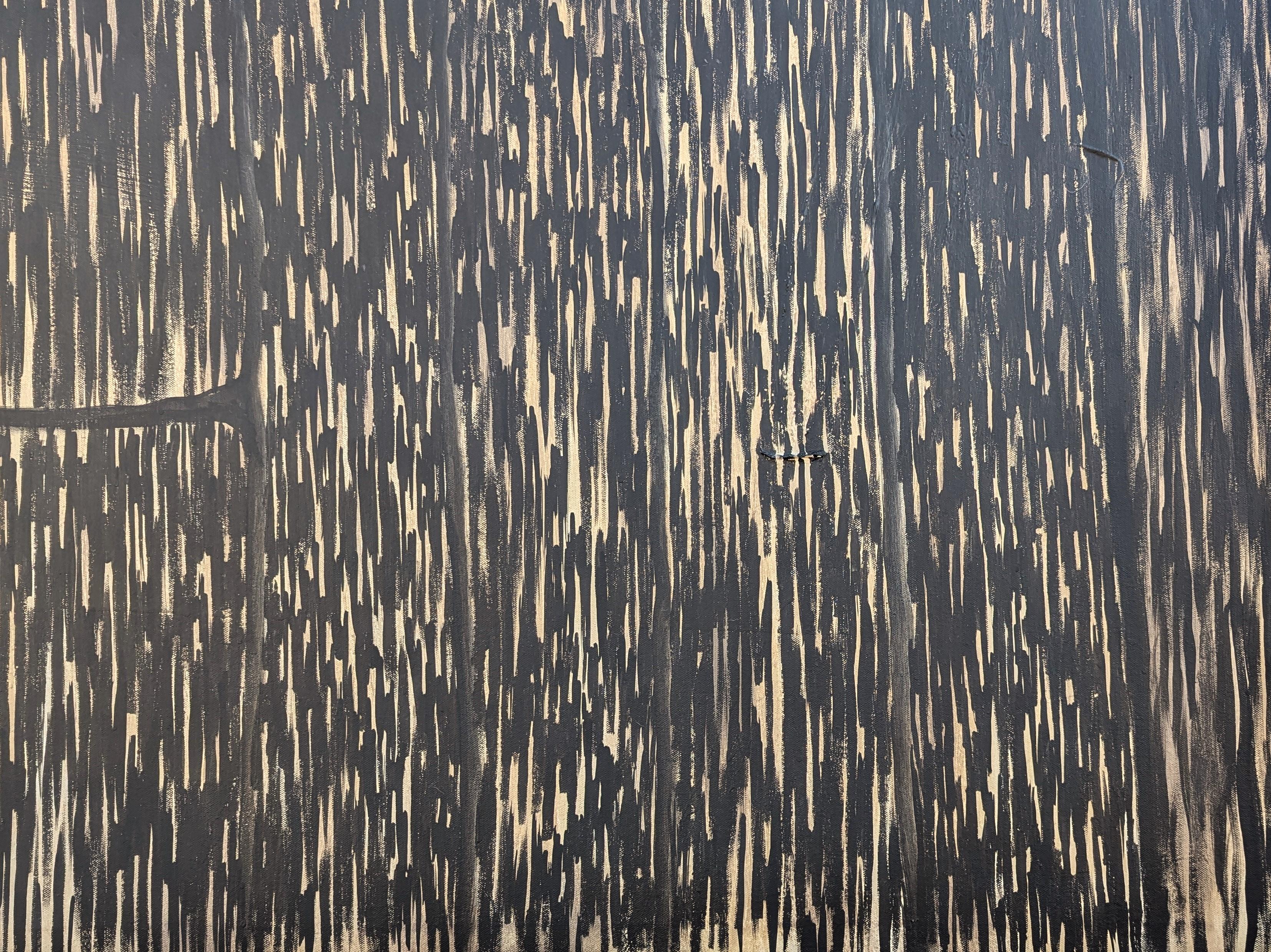 Pittura astratta contemporanea dell'artista Tra' Slaughter di Houston, TX. Il dipinto presenta tronchi di colore marrone e nero impilati l'uno sull'altro per creare un motivo di corteccia di Wood. Firmato, intitolato e datato sul retro. Non