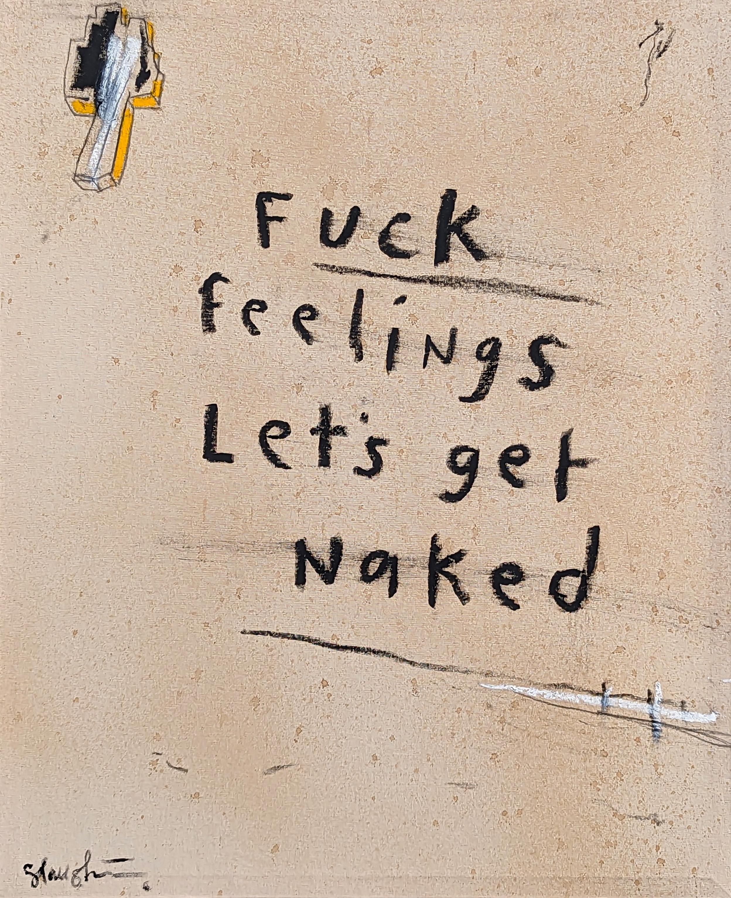 "Fuck Feelings" Pintura abstracta contemporánea en negro y fuego con texto - Art de Tra' Slaughter