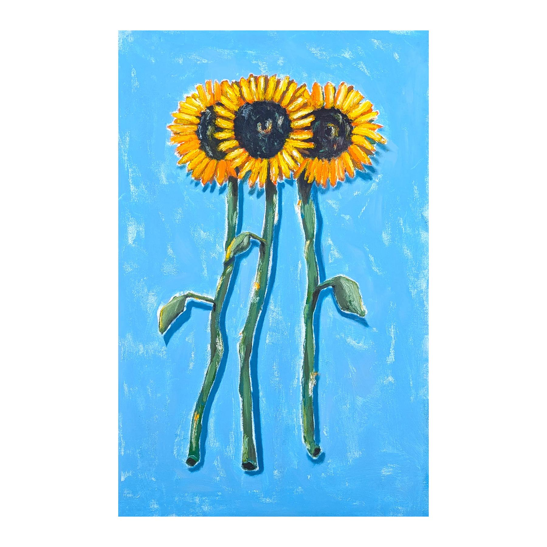 The Giants of the Garden Contemporary Abstract Realistic Sunflower Painting (Blau), Abstract Painting, von Tra' Slaughter