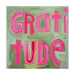 “Gratitude is Attitude” Contemporary Green & Pink Painting with Large Texts