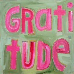 “Gratitude is Attitude” Contemporary Green & Pink Painting with Large Texts