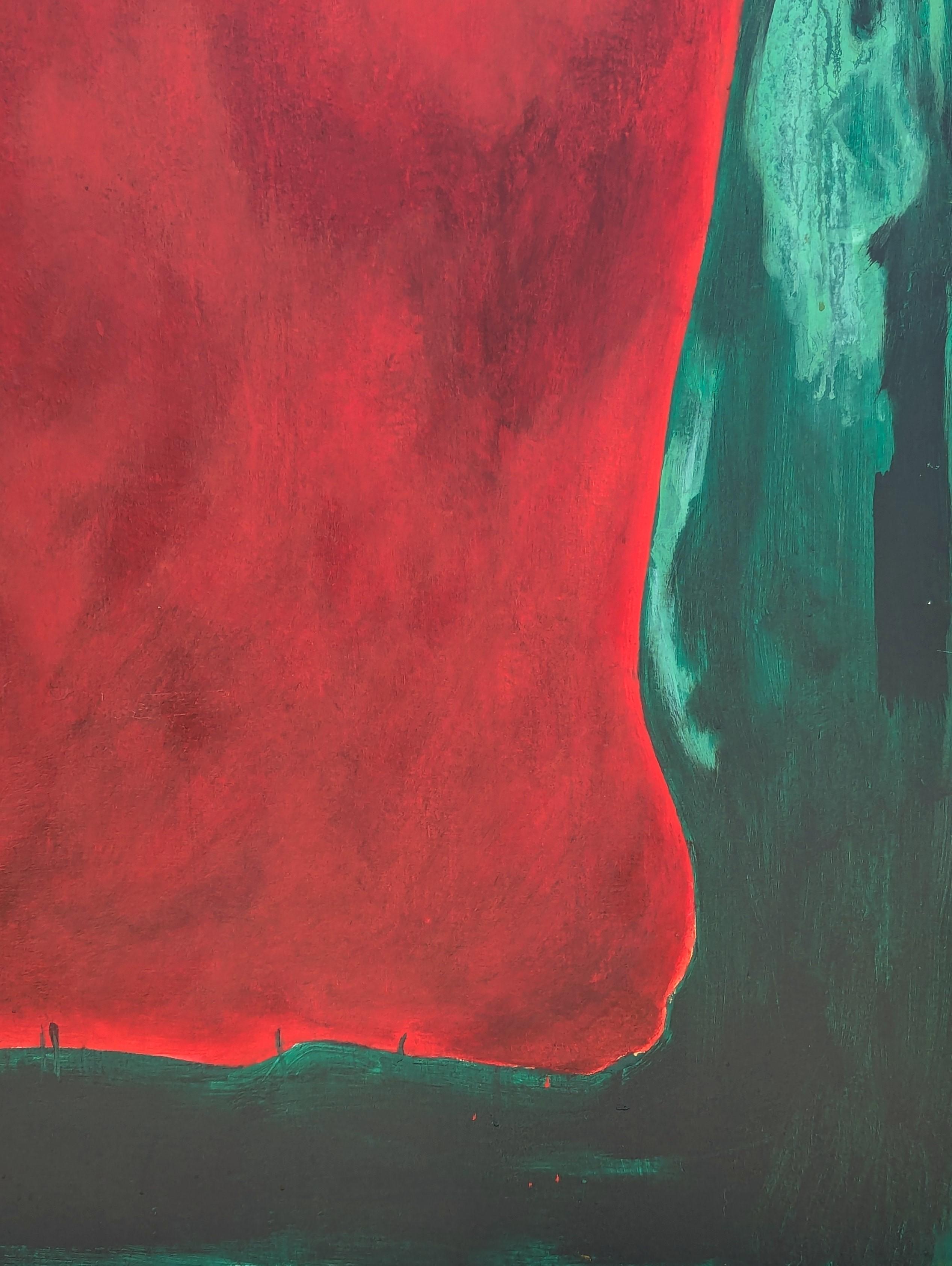 Pittura astratta contemporanea dell'artista Tra' Slaughter di Houston, TX. Il dipinto presenta una grande forma amorfa centrale di colore rosso su uno sfondo verde intenso. Firmato, intitolato e datato sul retro. Non incorniciato, ma sono