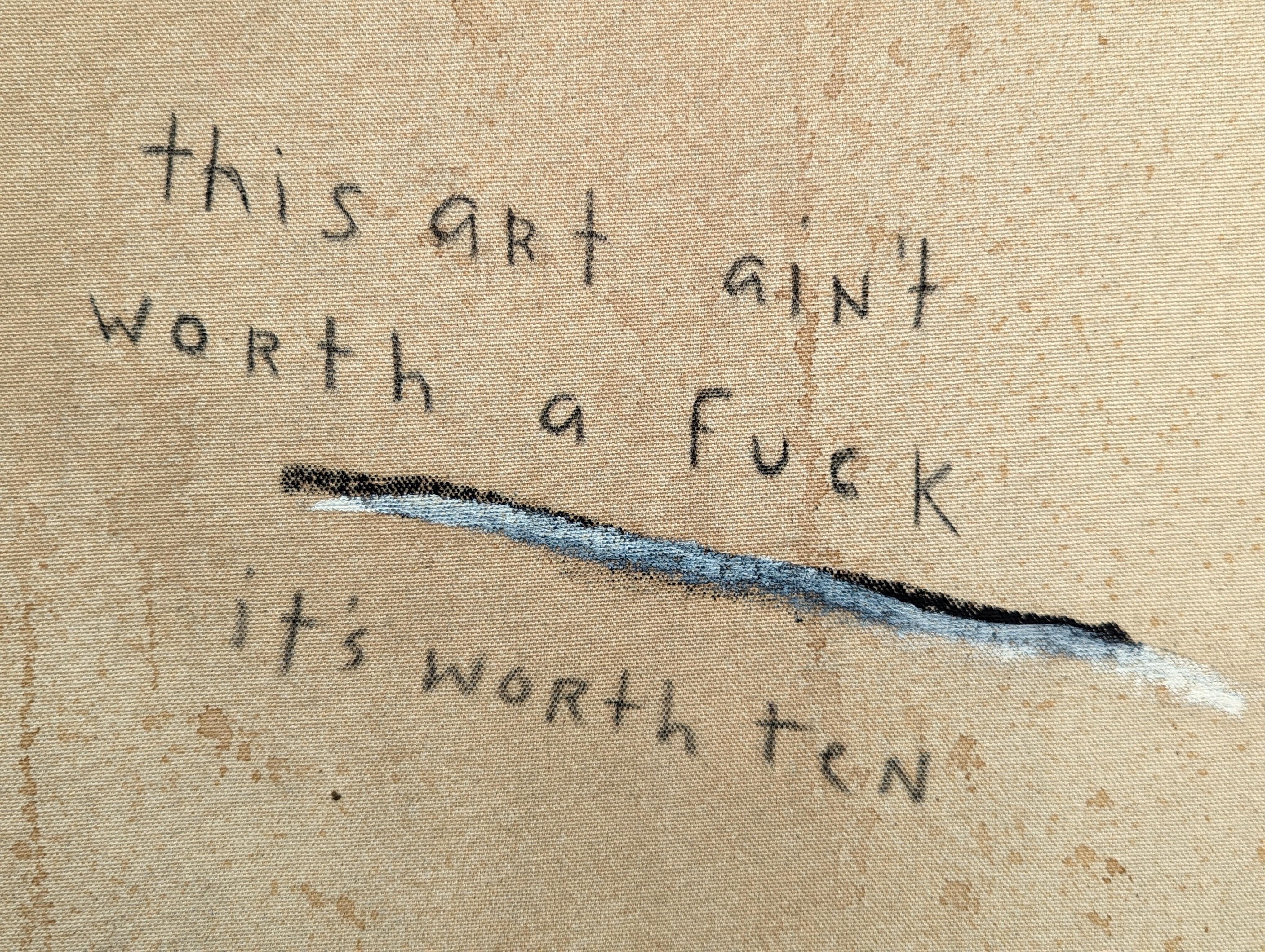 “It's Worth Ten” Abstract Contemporary Black & Tan Text Painting For Sale 2