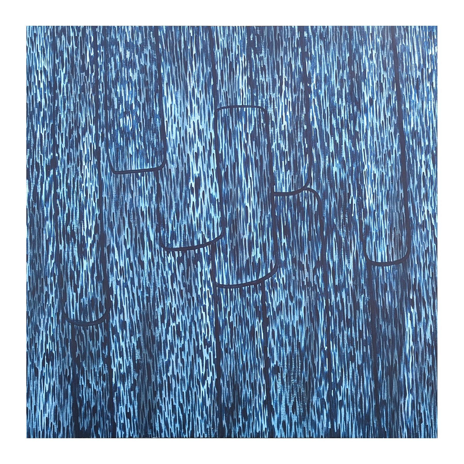 “Morning Mist at the Mill” Contemporary Blue Toned Wood Bark Abstract Painting For Sale 1