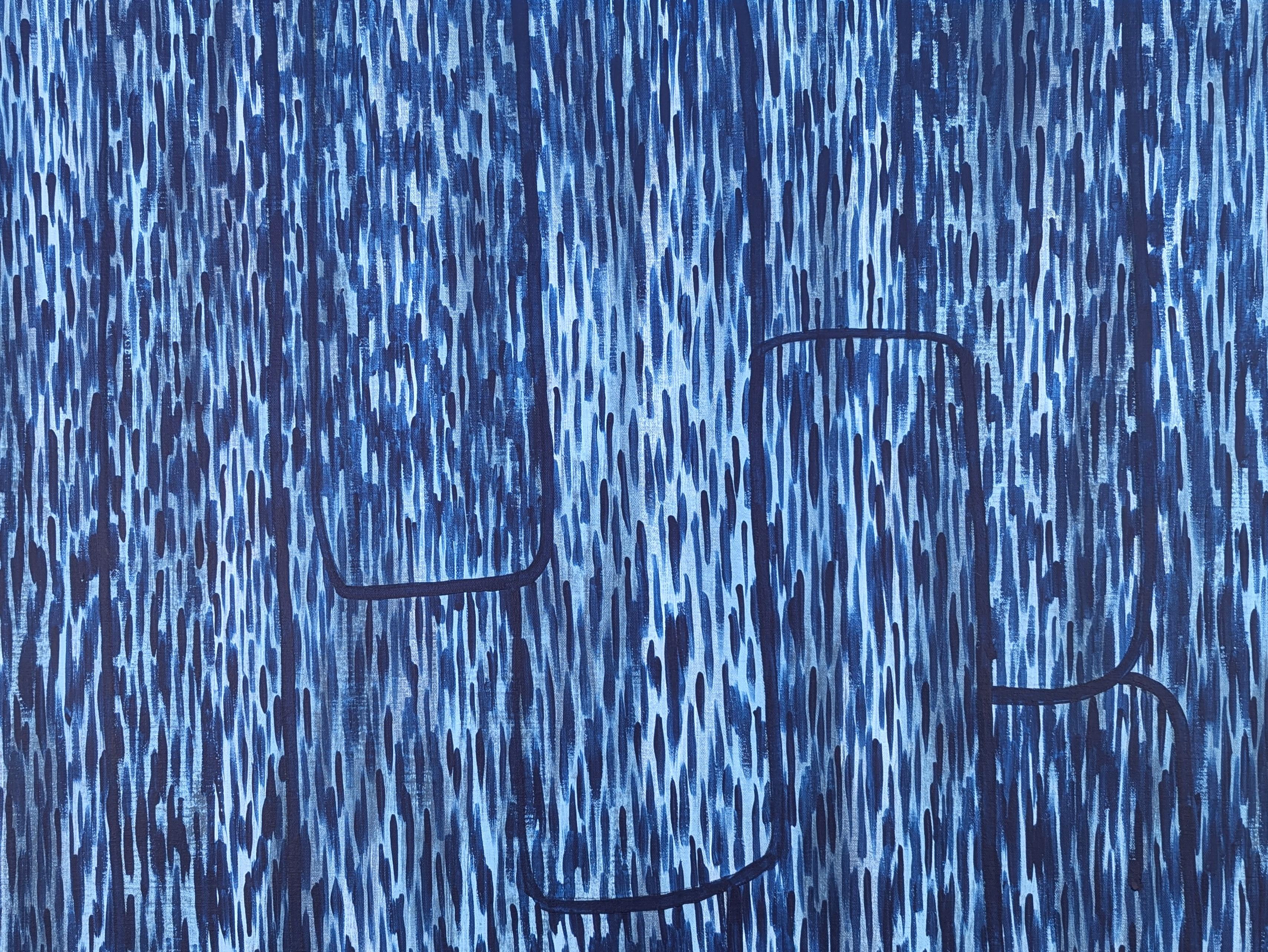 “Morning Mist at the Mill” Contemporary Blue Toned Wood Bark Abstract Painting For Sale 2
