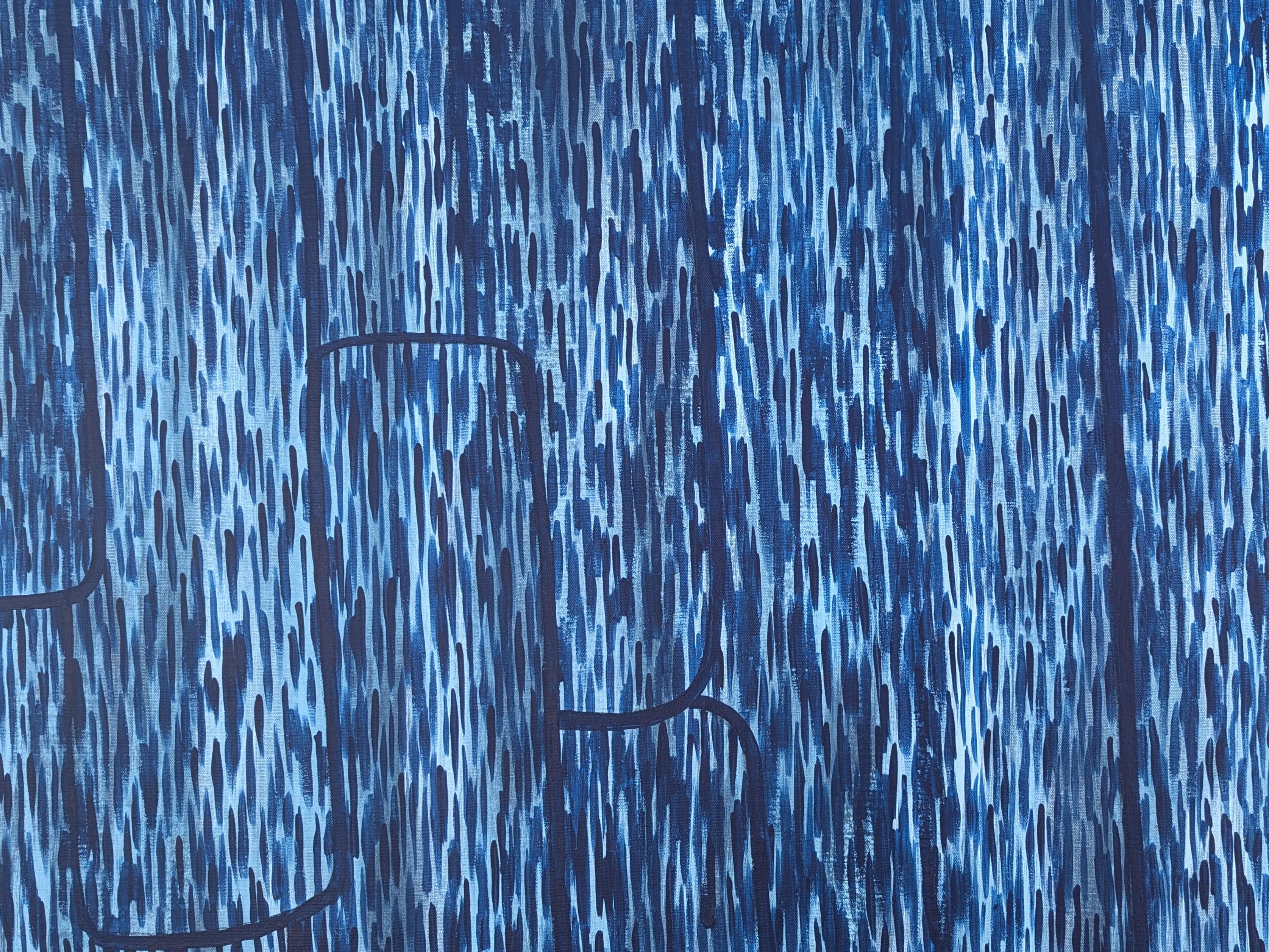 “Morning Mist at the Mill” Contemporary Blue Toned Wood Bark Abstract Painting For Sale 3