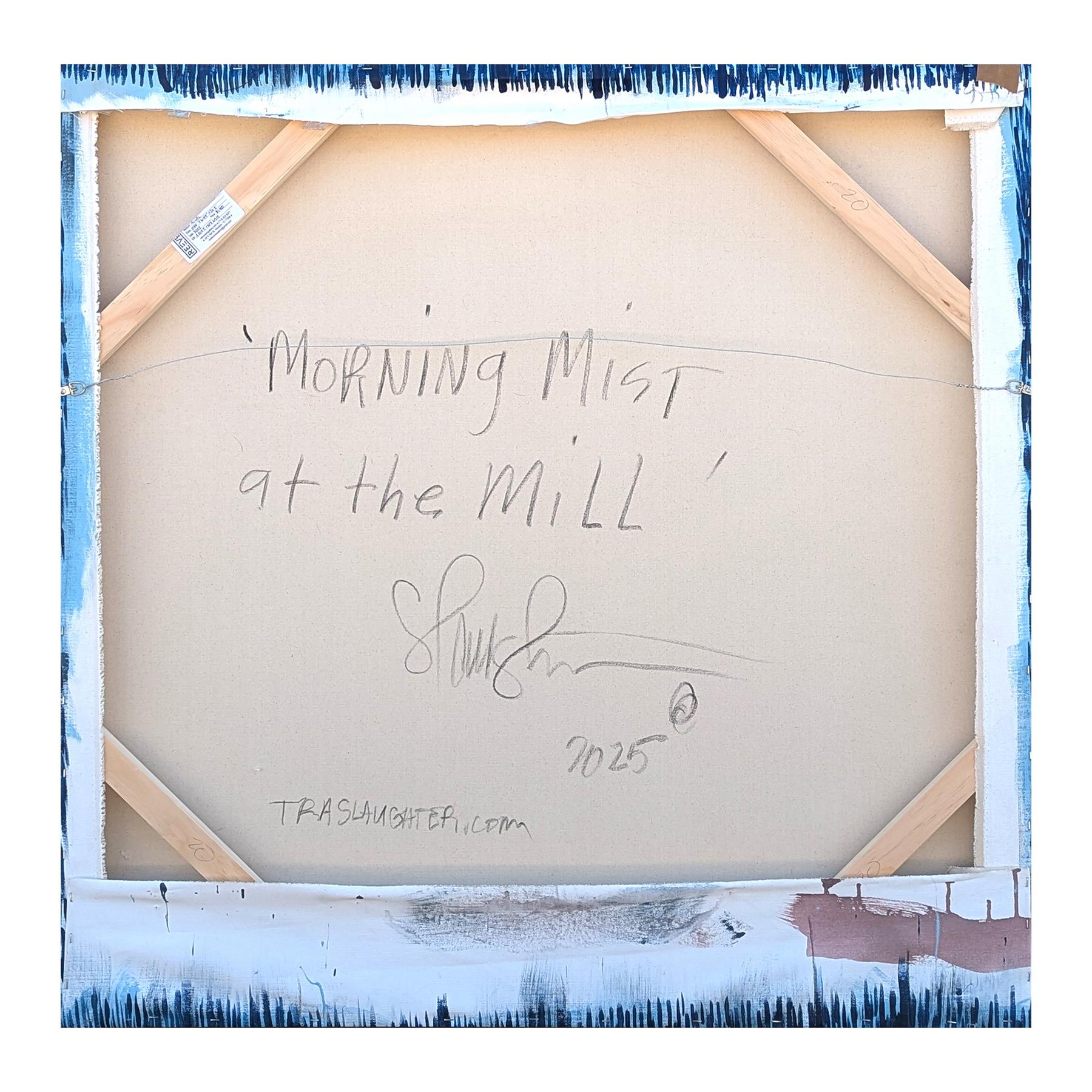 “Morning Mist at the Mill” Contemporary Blue Toned Wood Bark Abstract Painting For Sale 8