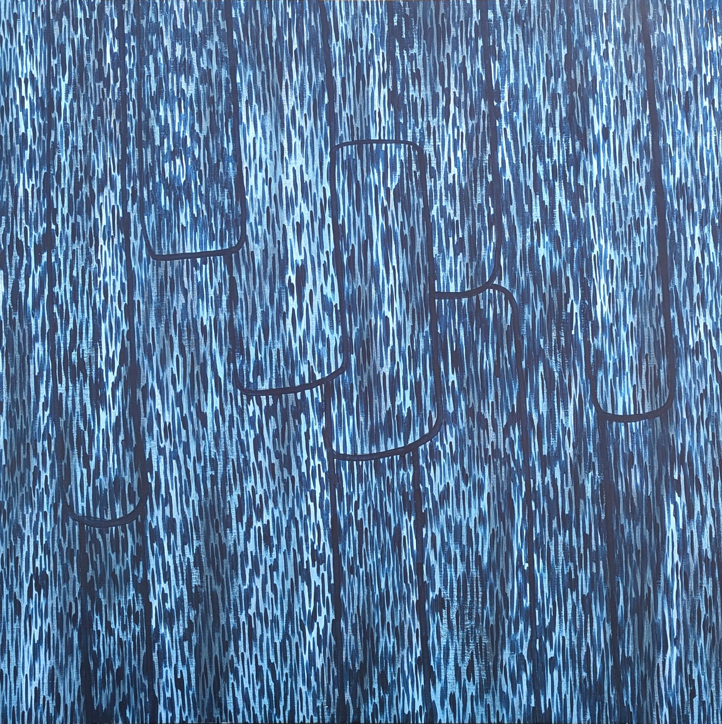 "Nebbia mattutina al mulino" Pittura astratta contemporanea su corteccia di legno dai toni blu