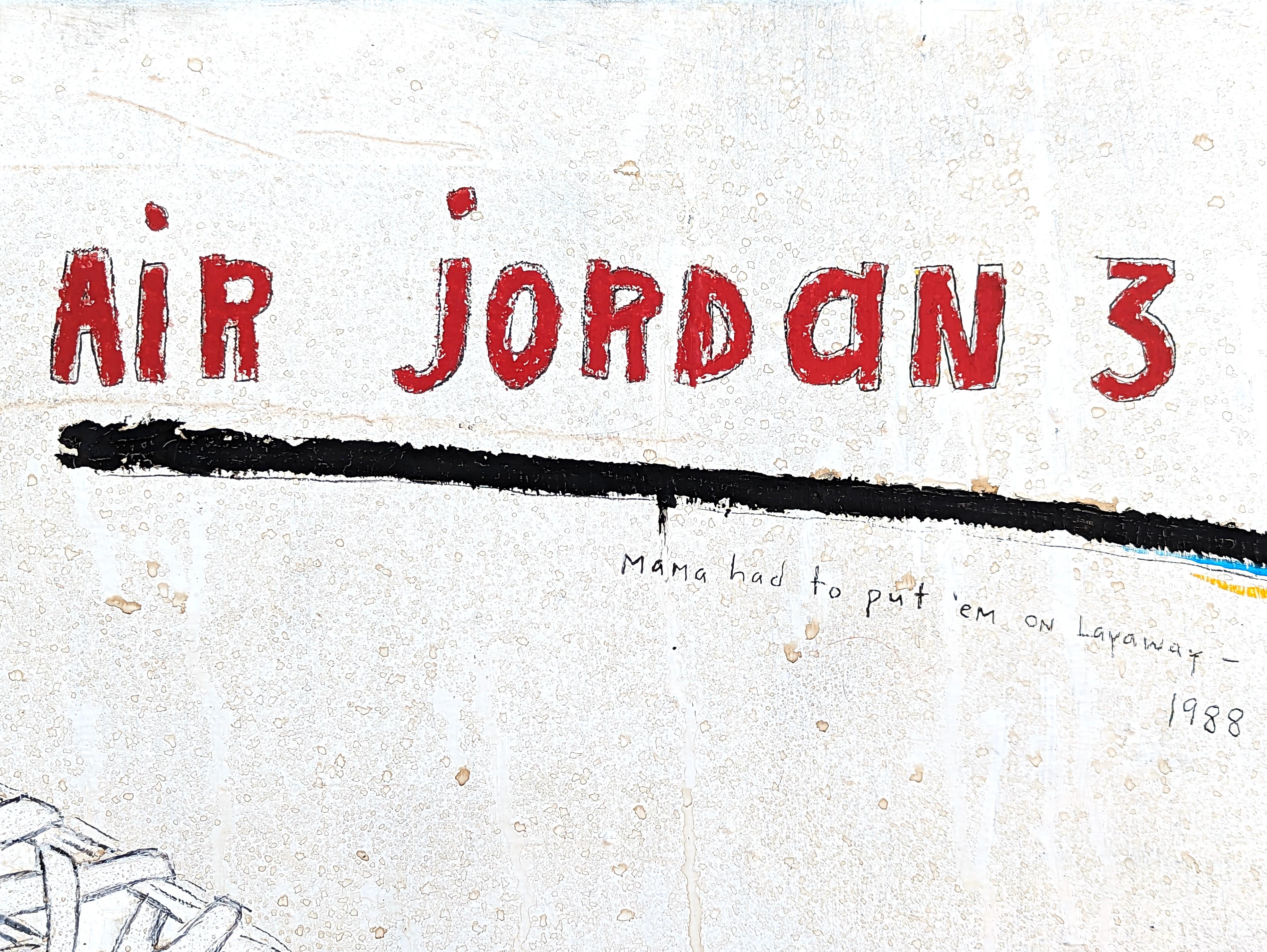 “My First Jordans” Contemporary Still Life Shoe / Sneaker Painting with Text For Sale 3
