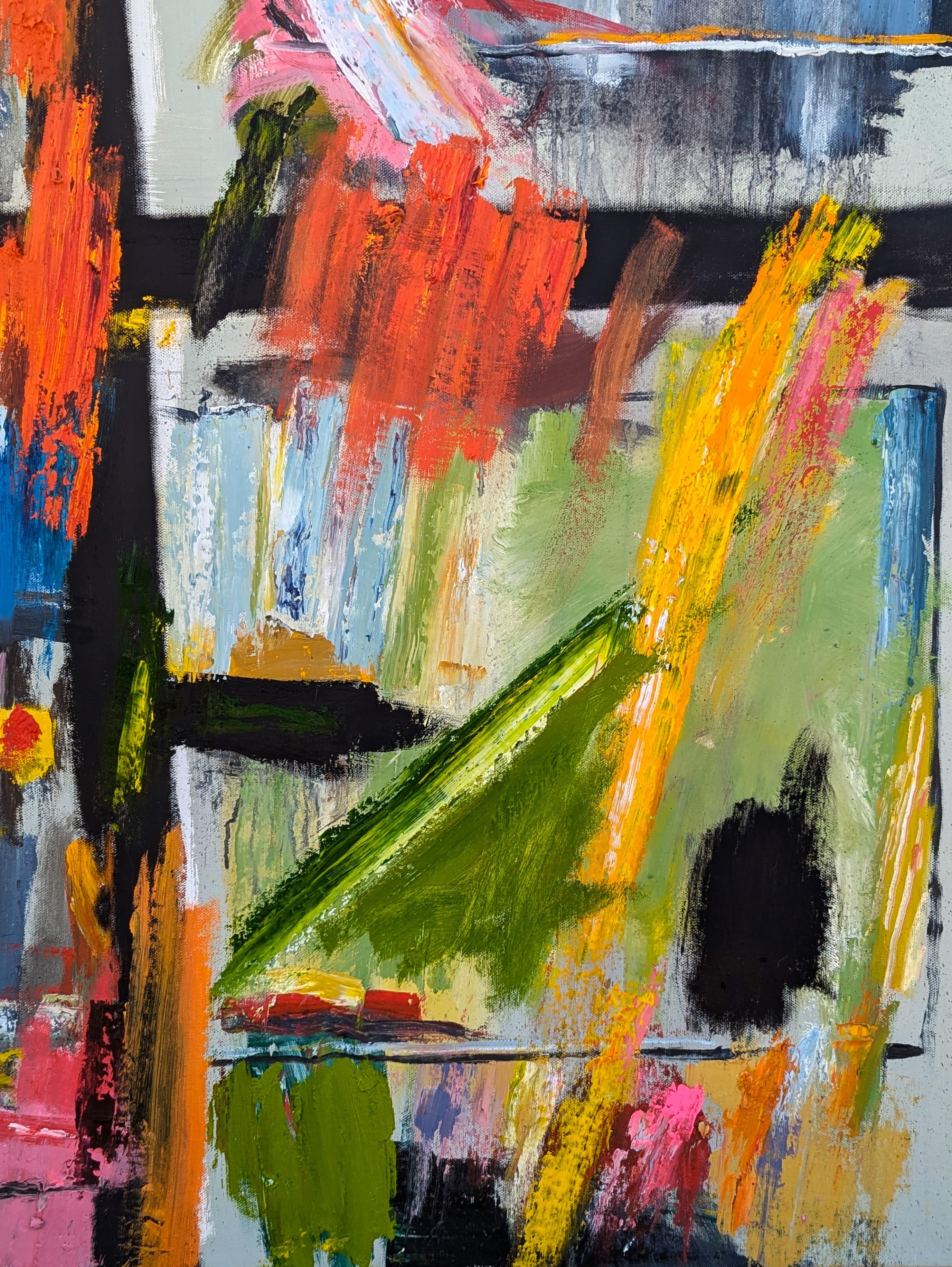 Pittura astratta contemporanea dell'artista Tra' Slaughter di Houston, TX. Il dipinto è caratterizzato da una varietà di macchie di colore espressive in arancione, blu, verde e rosa, inserite in una griglia simile a una finestra. Firmato, intitolato
