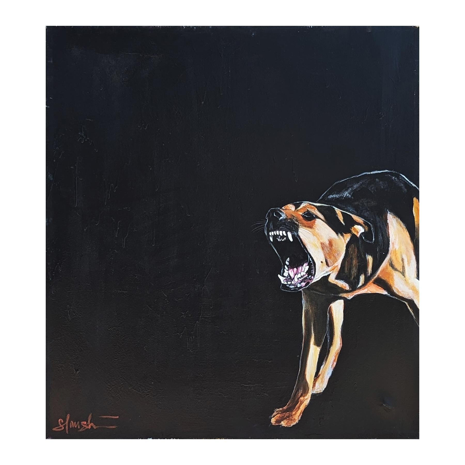 Schlaf gut, Kind Contemporary Abstrakt Realist Hund Gemälde gegen Schwarz – Painting von Tra' Slaughter