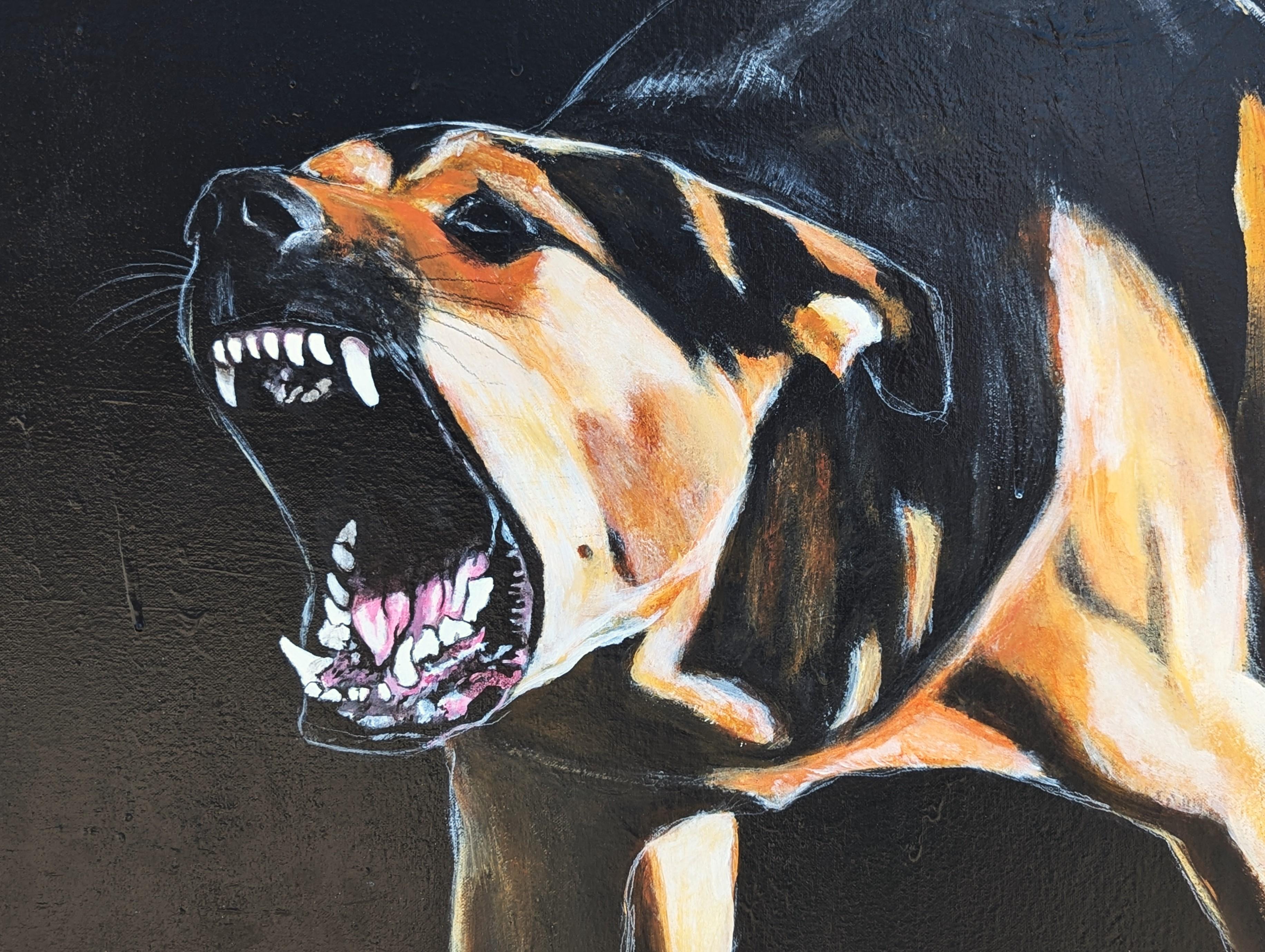 Schlaf gut, Kind Contemporary Abstrakt Realist Hund Gemälde gegen Schwarz (Zeitgenössisch), Painting, von Tra' Slaughter