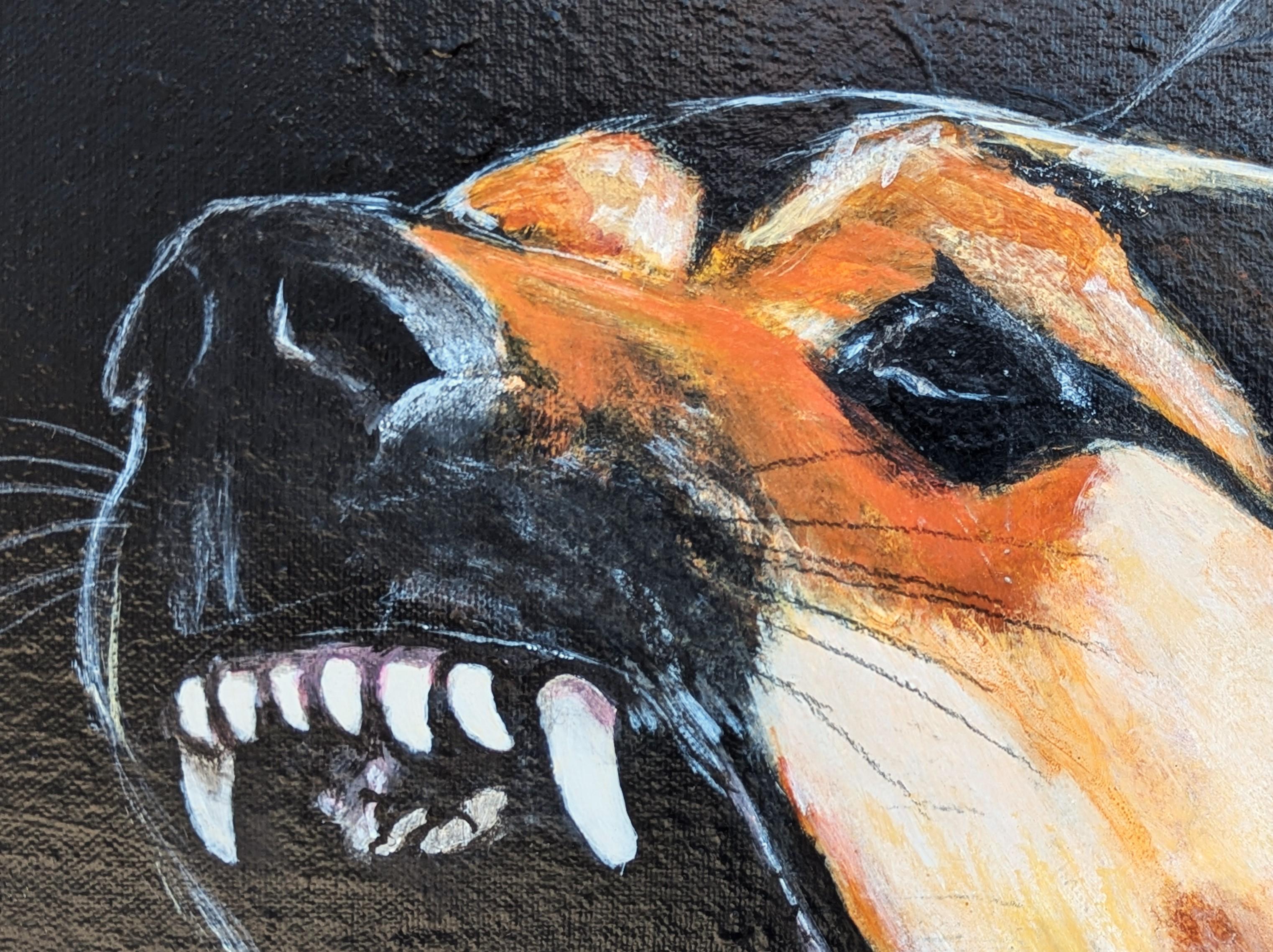 Zeitgenössische Tiermalerei des Künstlers Tra' Slaughter aus Houston, TX. Das Gemälde zeigt einen realistisch wiedergegebenen bellenden Hund vor einem schwarzen Hintergrund. Signiert in der linken unteren Ecke der Vorderseite sowie signiert,