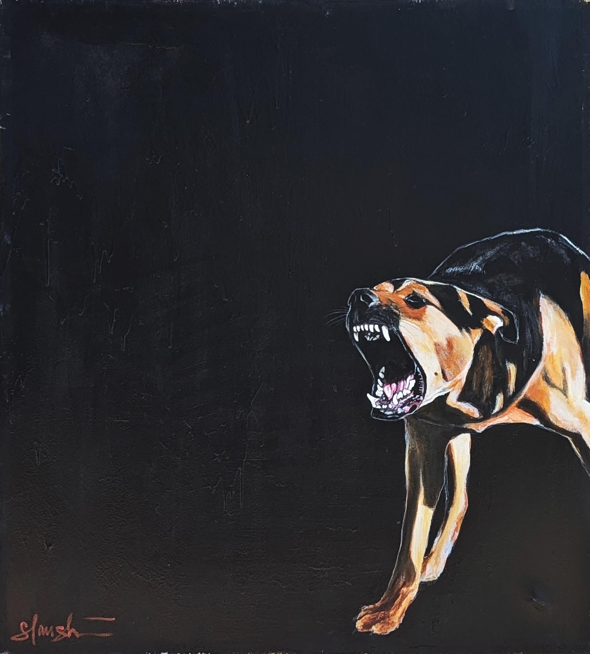 "Dormi tranquillo, bambino" Pittura astratta contemporanea di cane realista su sfondo nero