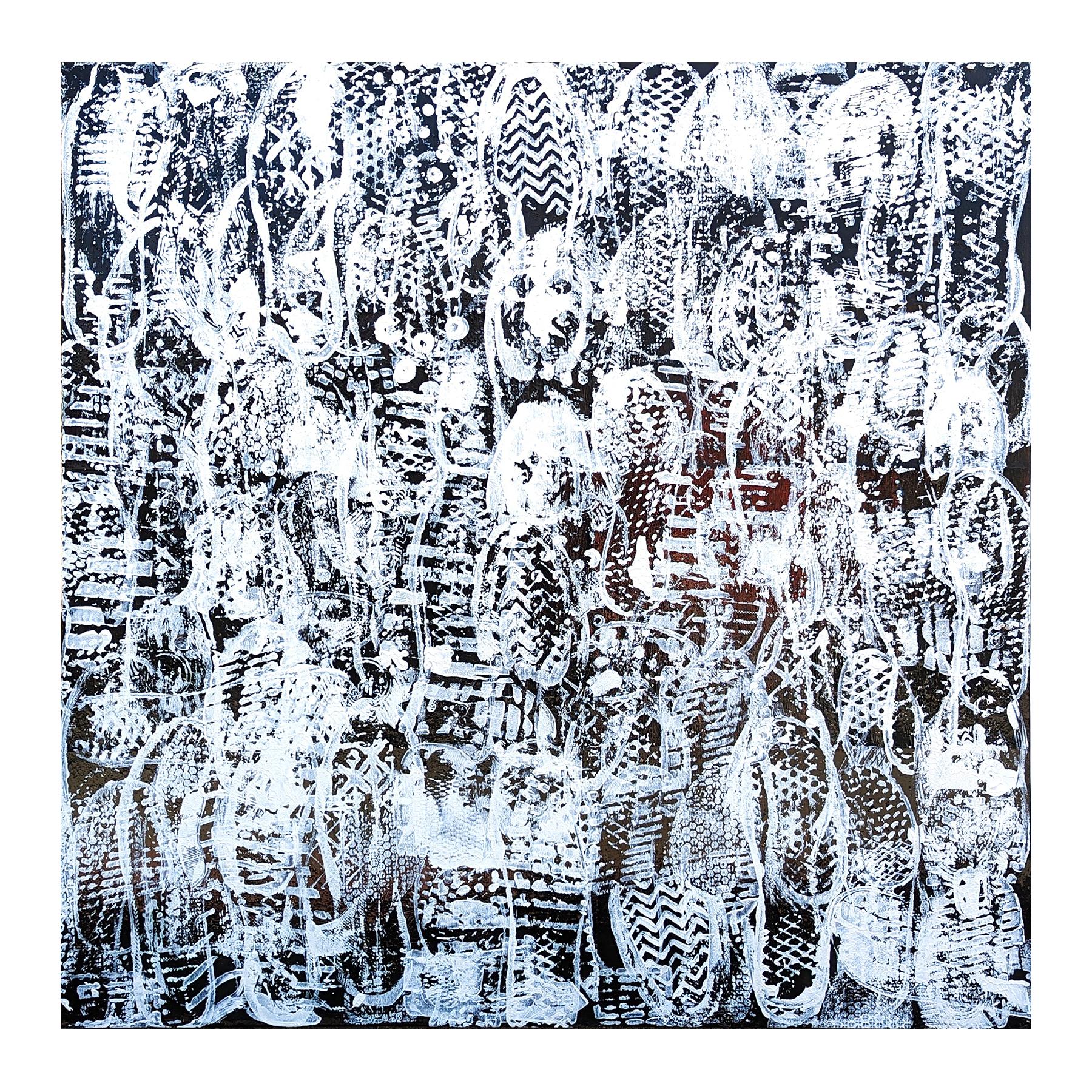 Black and white abstract contemporary painting by Houston, TX artist Tra' Slaughter. The painting features an excerpt written in black sans-serif letters all over the white canvas. This piece was included in Tra's solo show 
