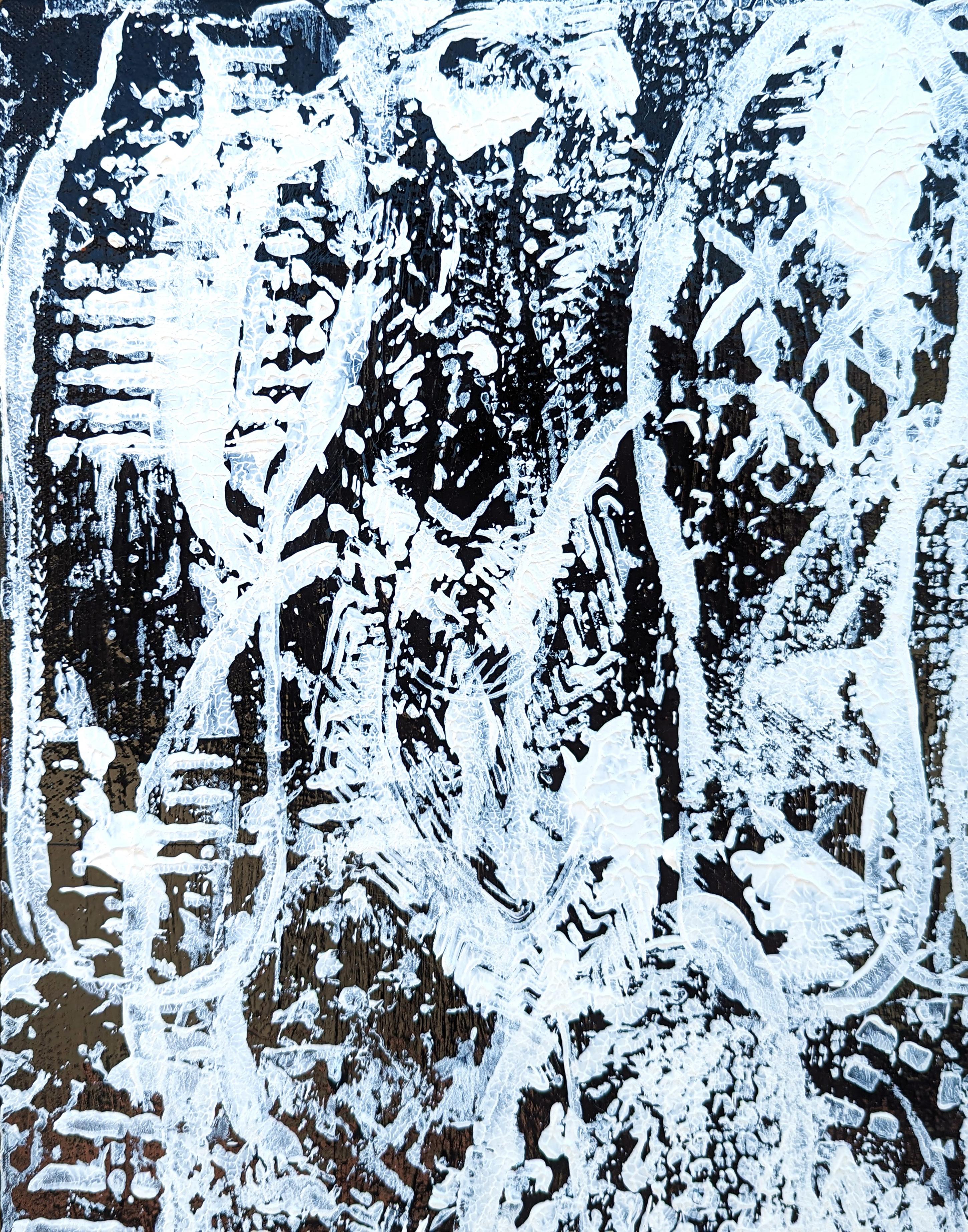“Soul Traffic” Contemporary Black and White Longitudinal Painting with Texts For Sale 1
