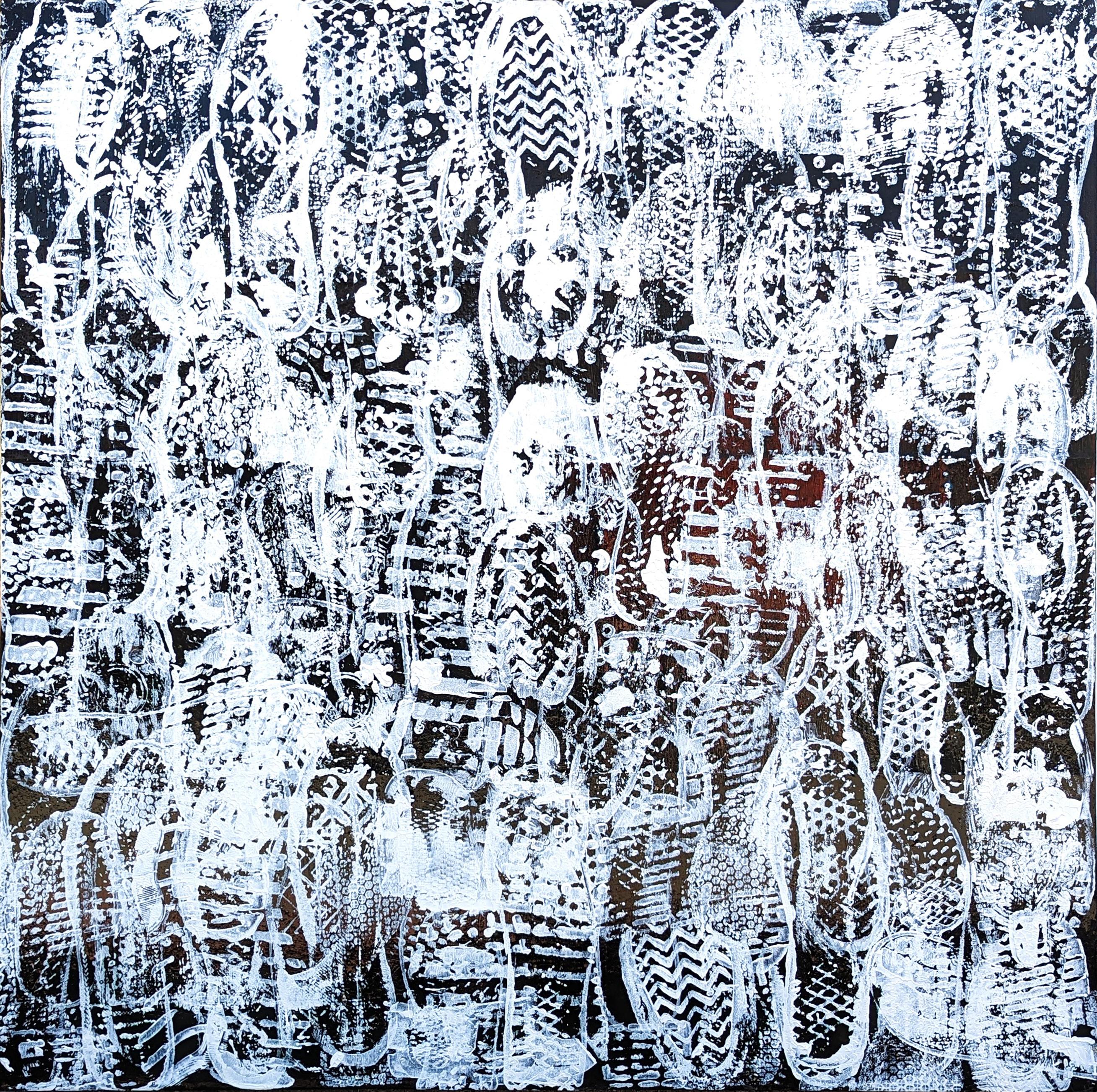Tra' Slaughter Abstract Painting - “Soul Traffic” Contemporary Black and White Longitudinal Painting with Texts
