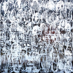 “Soul Traffic” Contemporary Black and White Longitudinal Painting with Texts