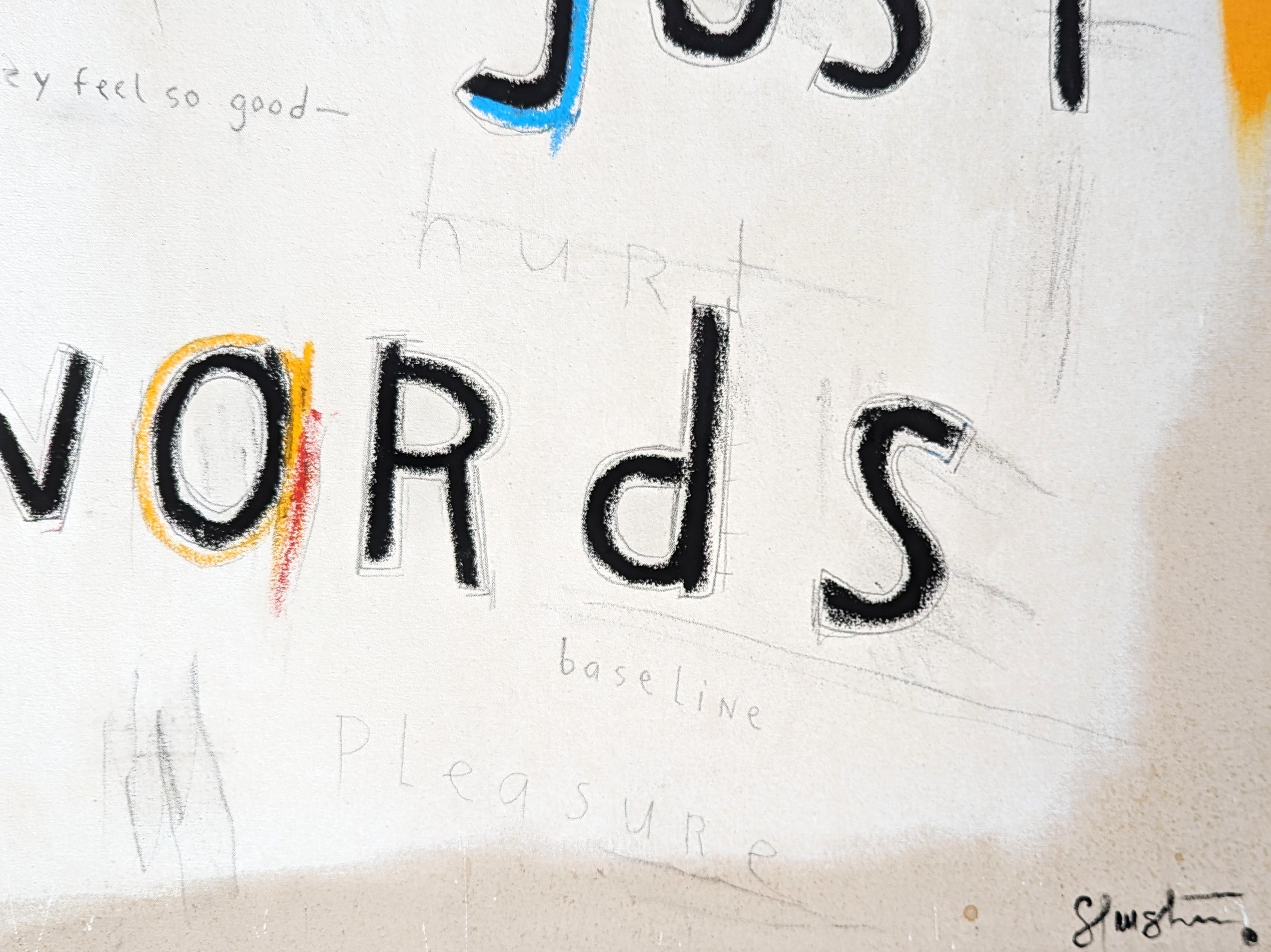 “They're Just Words” Abstract Contemporary Black & Yellow Painting with Text For Sale 3