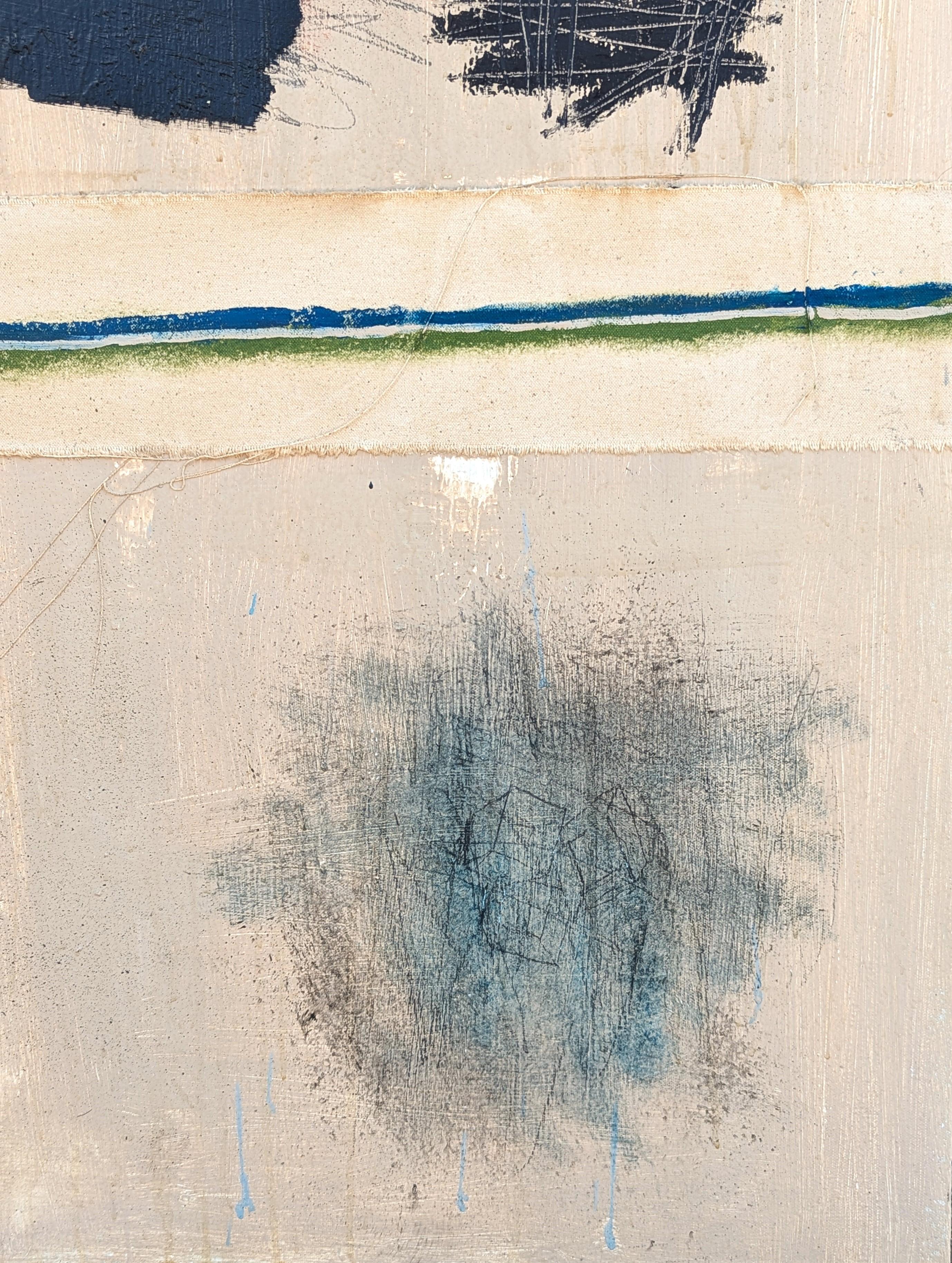 Pittura astratta contemporanea dell'artista Tra' Slaughter di Houston, TX. Il dipinto è caratterizzato da uno sfondo dai toni neutri accentuati da espressivi tratti di colore in arancione, blu, verde e nero. Firmato, intitolato e datato sul retro.