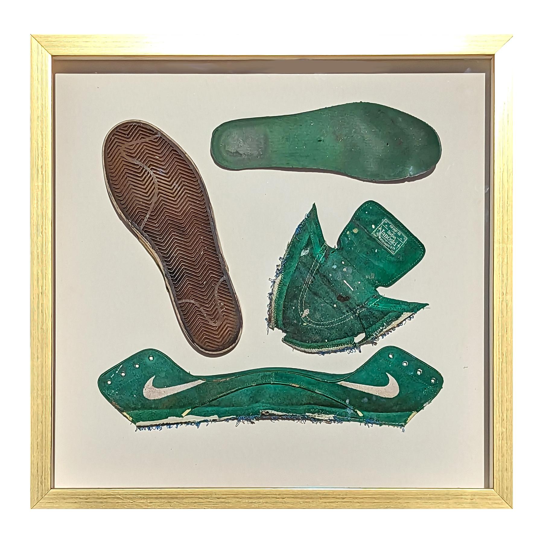Contemporary Deconstructed Mixed Media & Found Object Green Shoe Painting - Sculpture by Tra' Slaughter