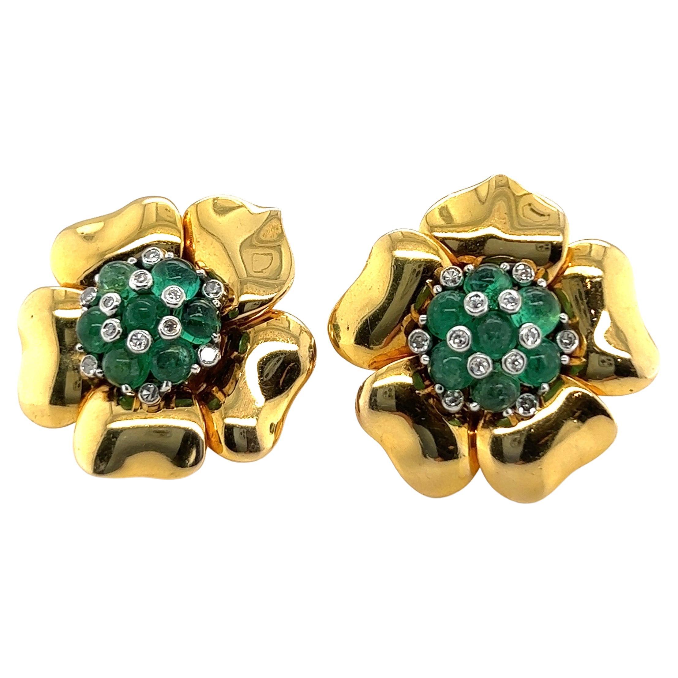 Trabert & Hoeffer Mauboussin 14 Karat Gold Emerald and Diamond Retro Earclips For Sale