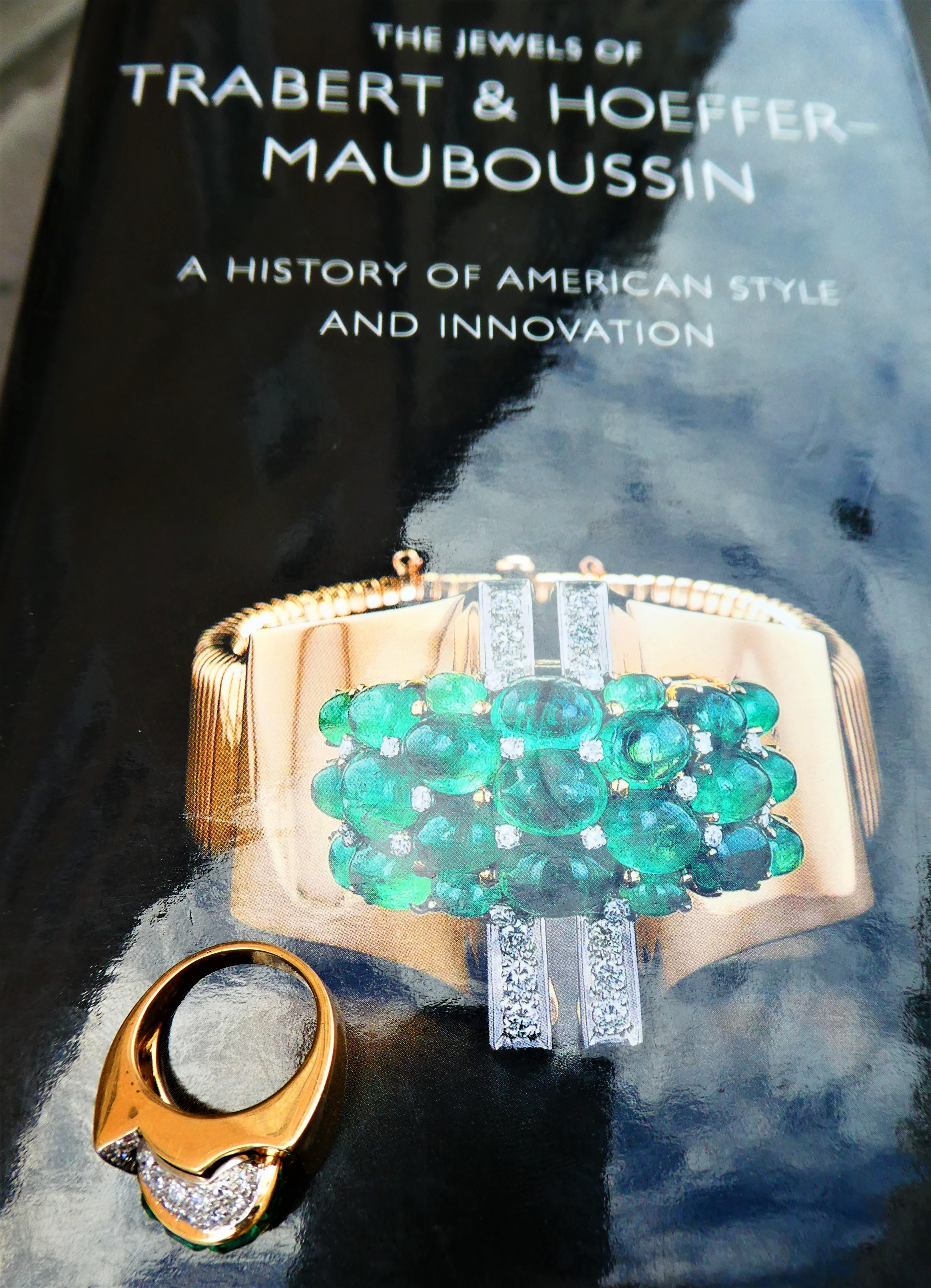 Trabert & Hoeffer Mauboussin 1940s Emerald Diamond Domed Rose Gold Cocktail Ring For Sale 1