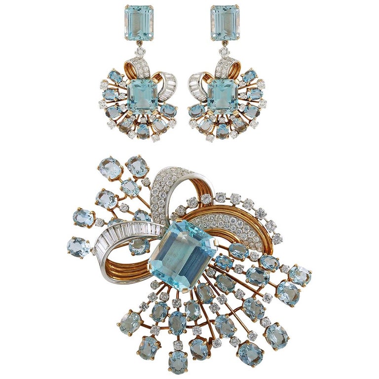 Trabert and Hoeffer Mauboussin Diamond Aquamarine Brooch Earrings For ...