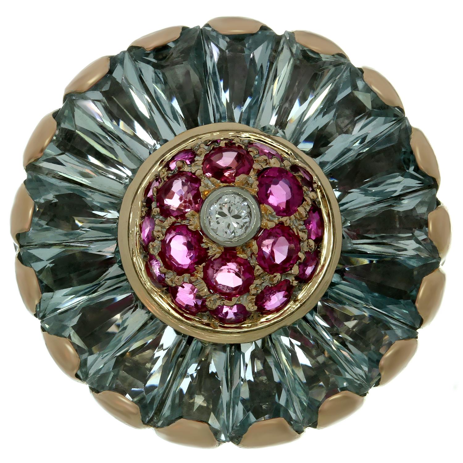 Women's Trabert & Hoeffer-Mauboussin Diamond Aquamarine Ruby Rose Gold Fan 1940s Ring  For Sale