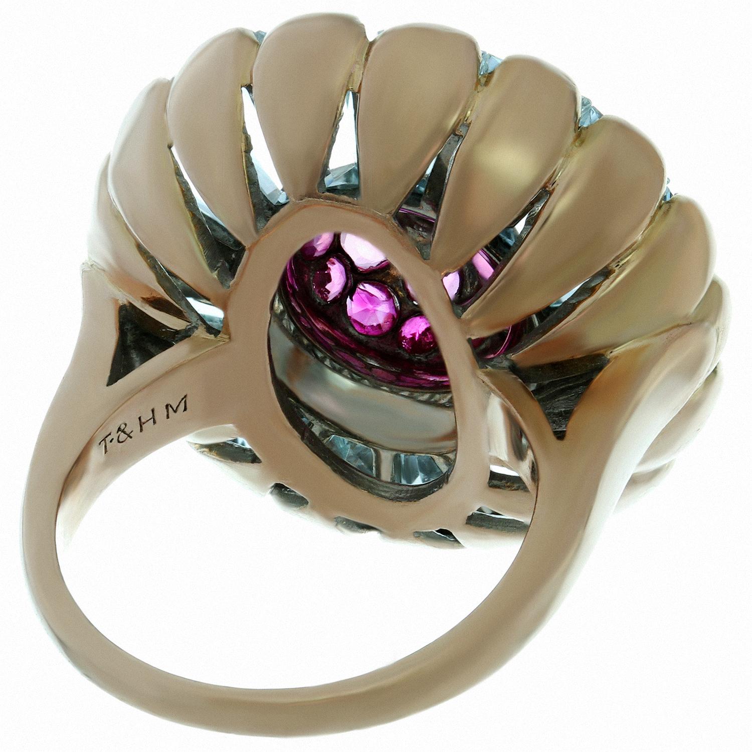 Trabert & Hoeffer-Mauboussin Diamond Aquamarine Ruby Rose Gold Fan 1940s Ring  For Sale 1