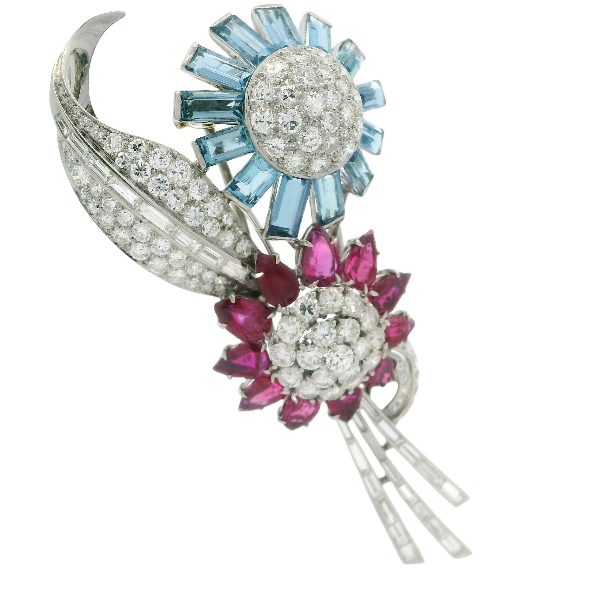 Trabert & Hoeffer Mauboussin Platinum GIA Ruby Aquamarine Diamond Flower Brooch For Sale 5