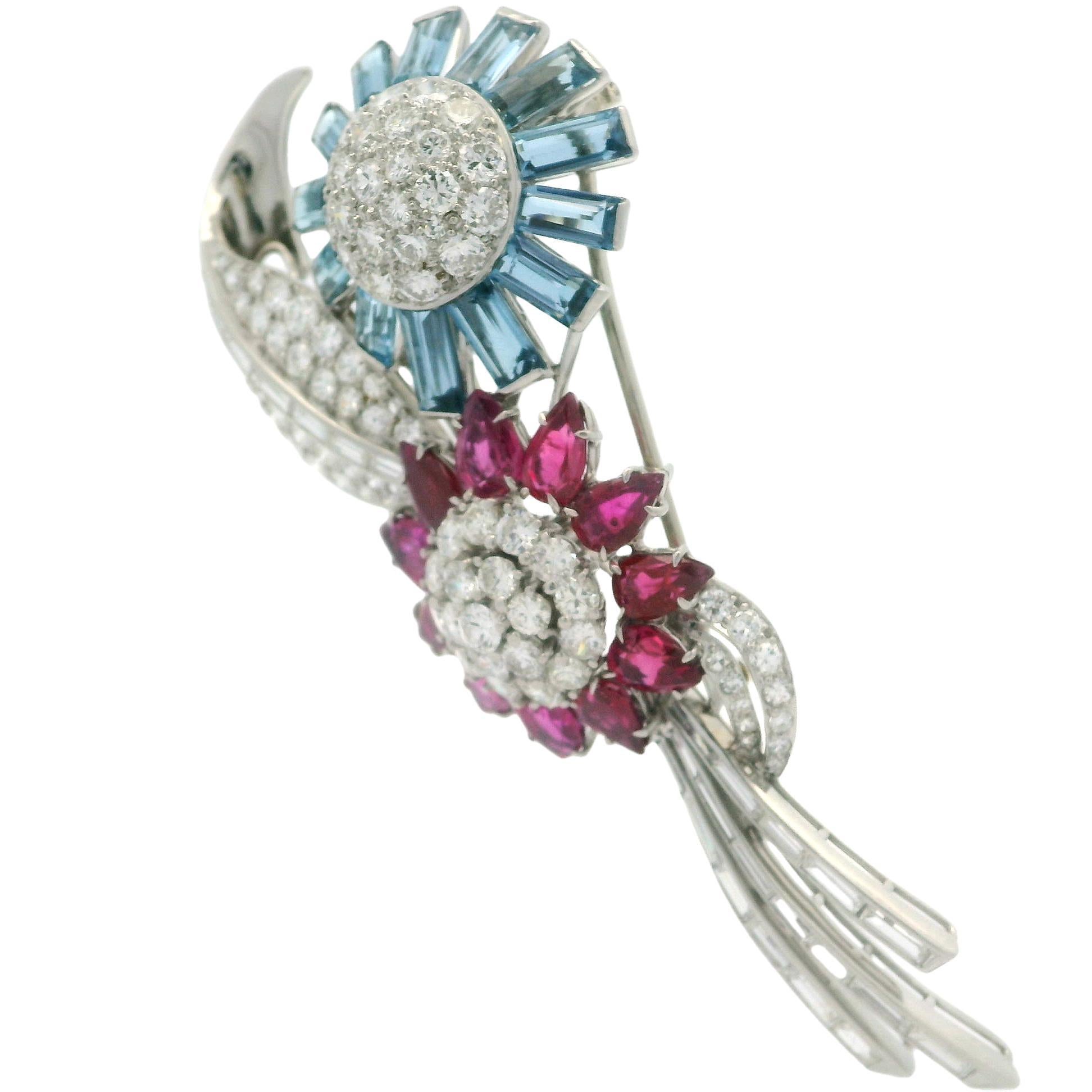 Trabert & Hoeffer Mauboussin Platinum GIA Ruby Aquamarine Diamond Flower Brooch For Sale 6