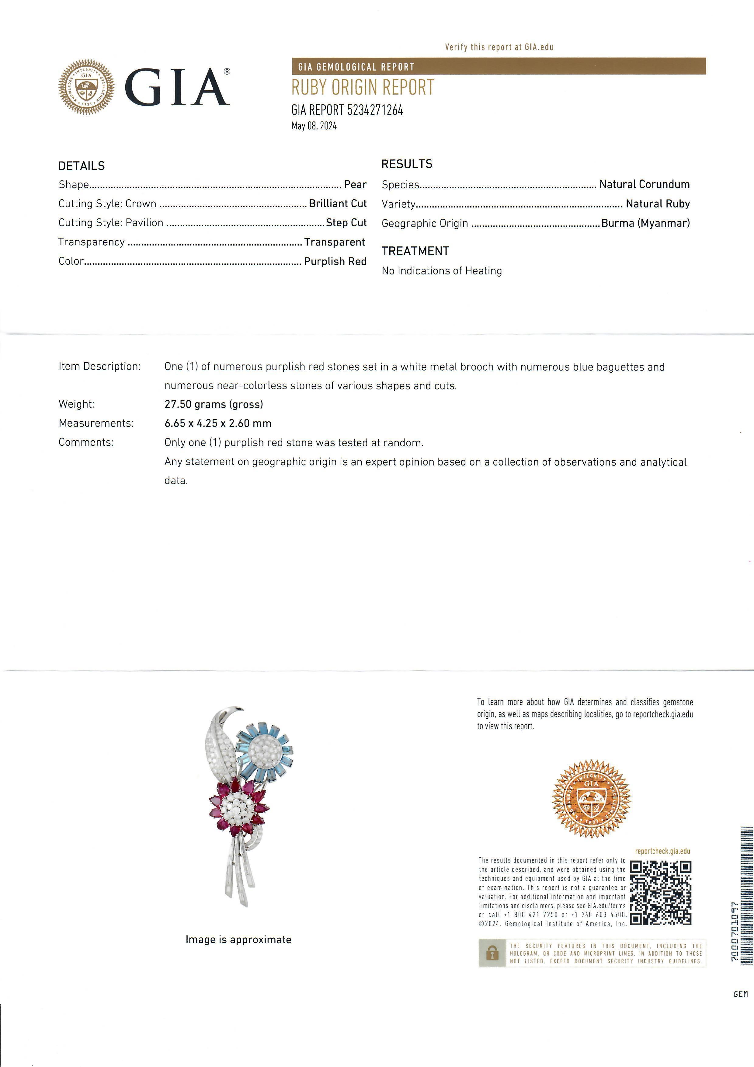 Trabert & Hoeffer Mauboussin Platinum GIA Ruby Aquamarine Diamond Flower Brooch For Sale 7