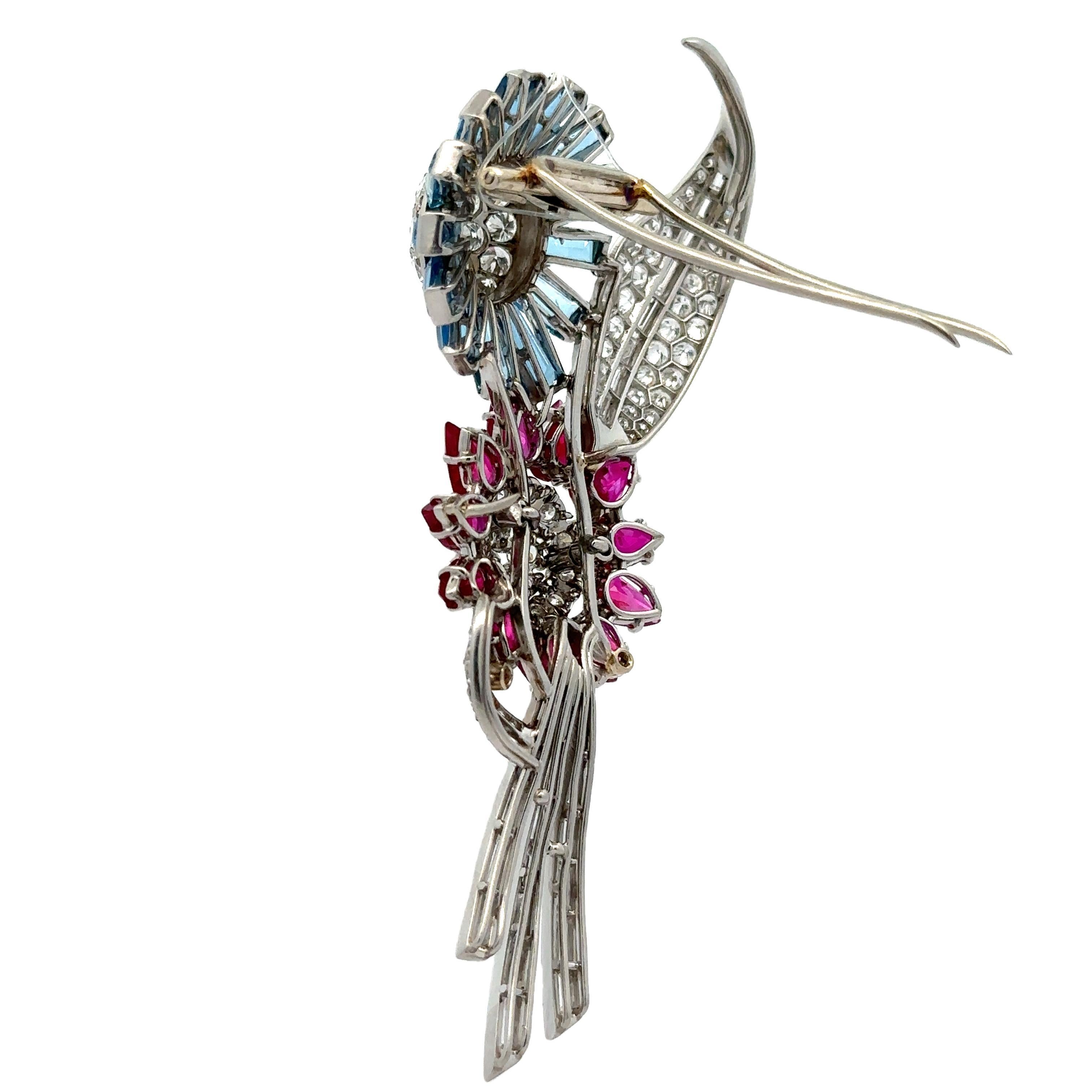 Pear Cut Trabert & Hoeffer Mauboussin Platinum GIA Ruby Aquamarine Diamond Flower Brooch For Sale