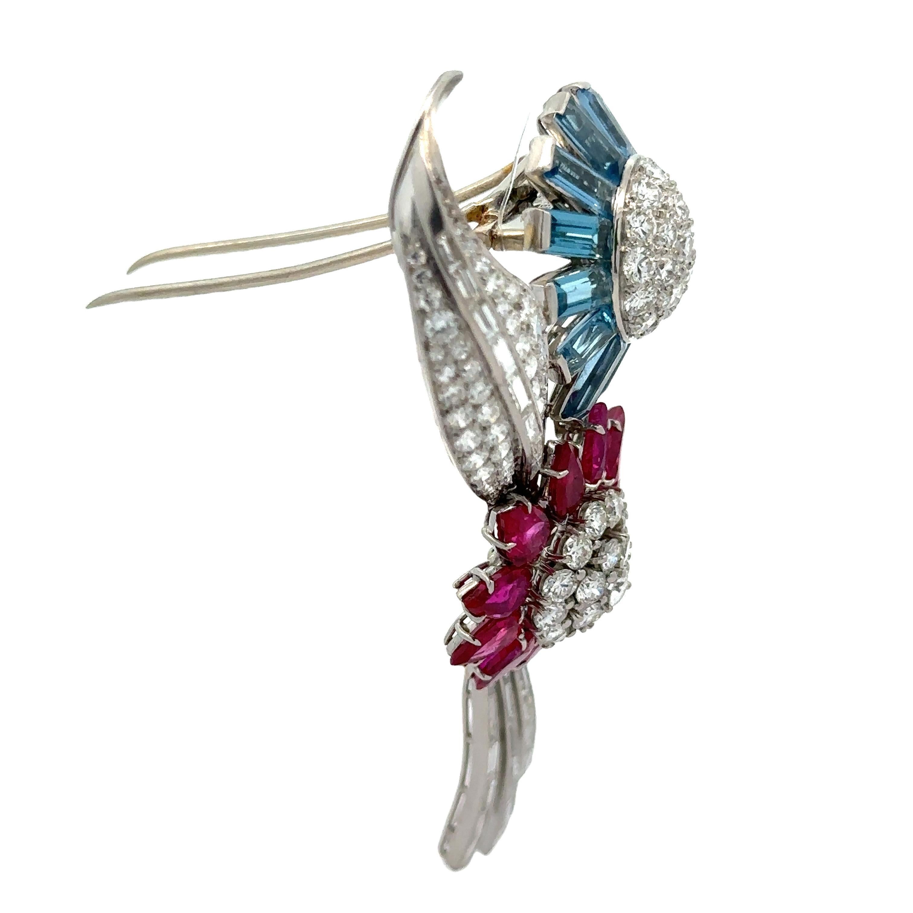Trabert & Hoeffer Mauboussin Platinum GIA Ruby Aquamarine Diamond Flower Brooch In Excellent Condition For Sale In Montclair, NJ