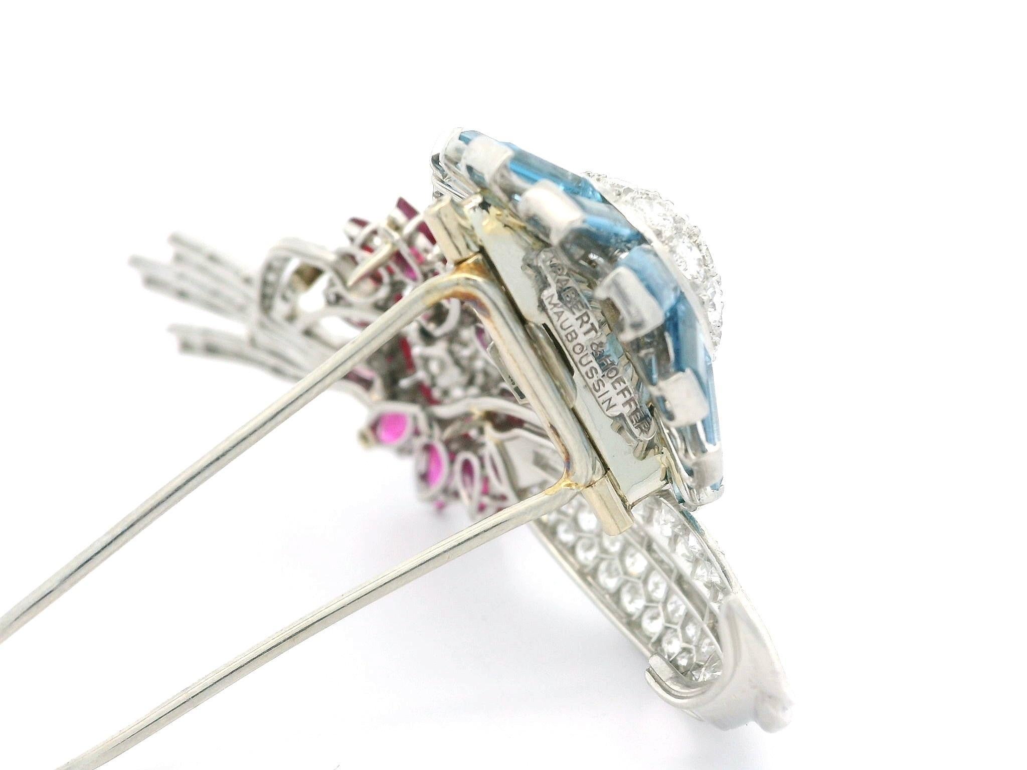 Women's Trabert & Hoeffer Mauboussin Platinum GIA Ruby Aquamarine Diamond Flower Brooch For Sale