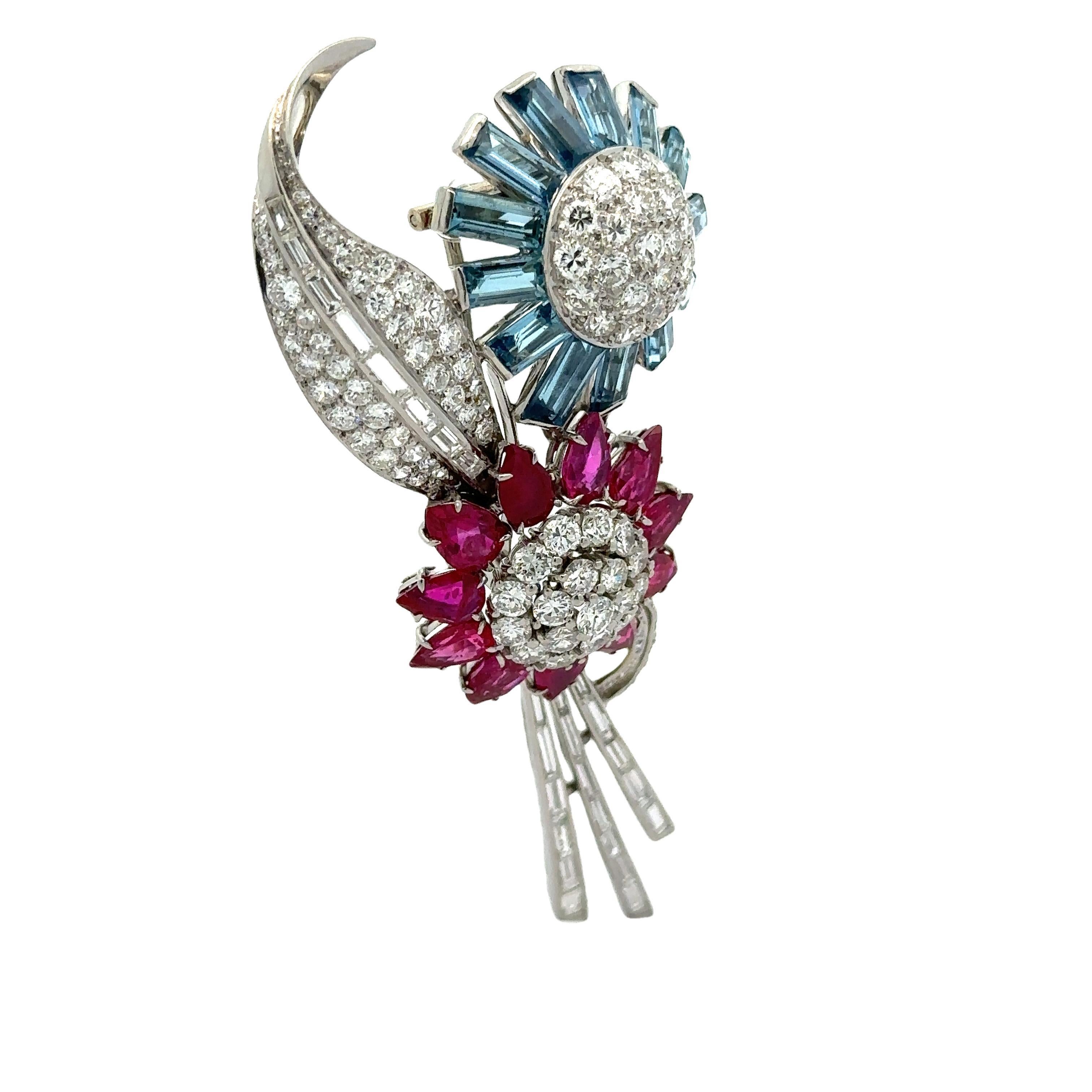 Trabert & Hoeffer Mauboussin Platinum GIA Ruby Aquamarine Diamond Flower Brooch For Sale 1