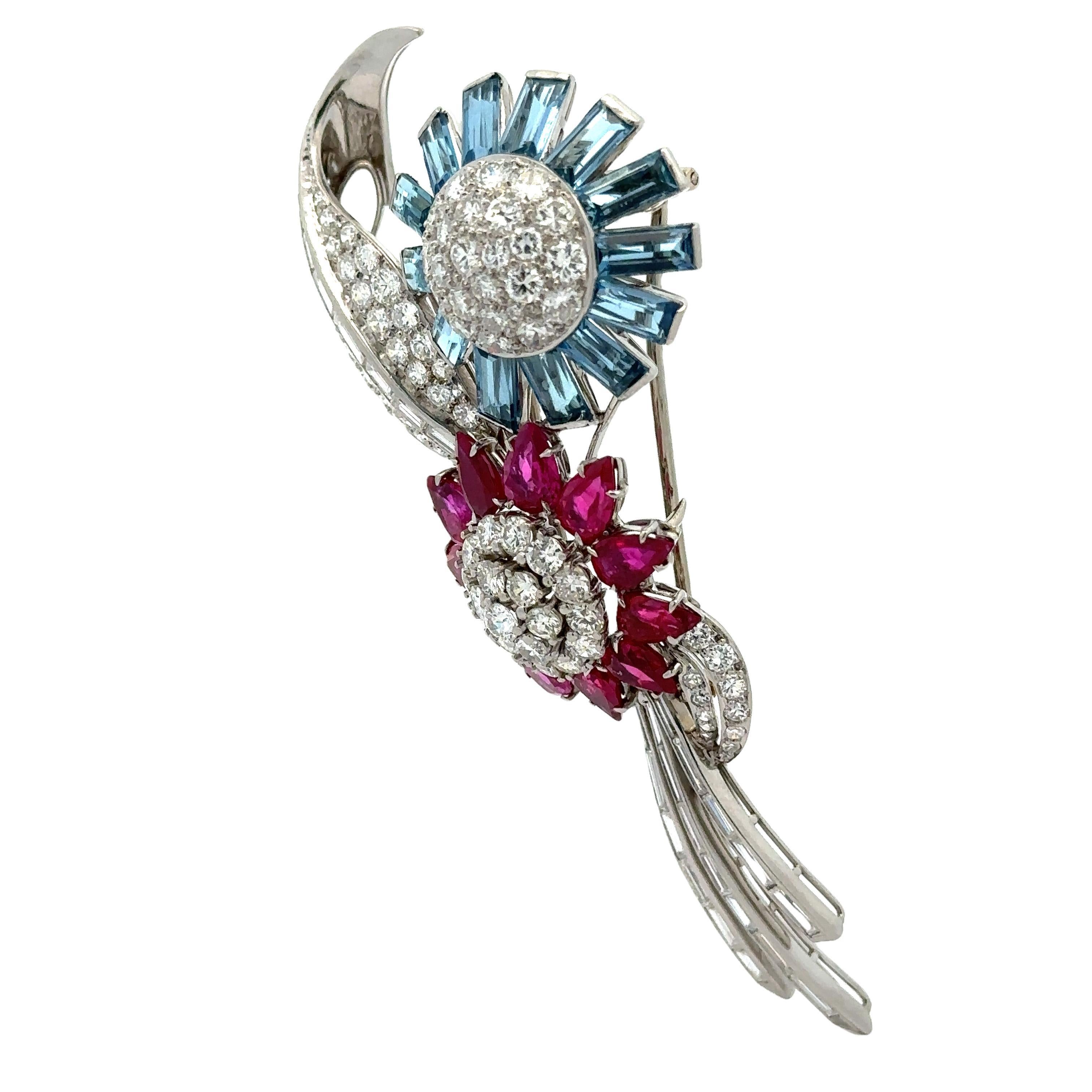 Trabert & Hoeffer Mauboussin Platinum GIA Ruby Aquamarine Diamond Flower Brooch For Sale 2