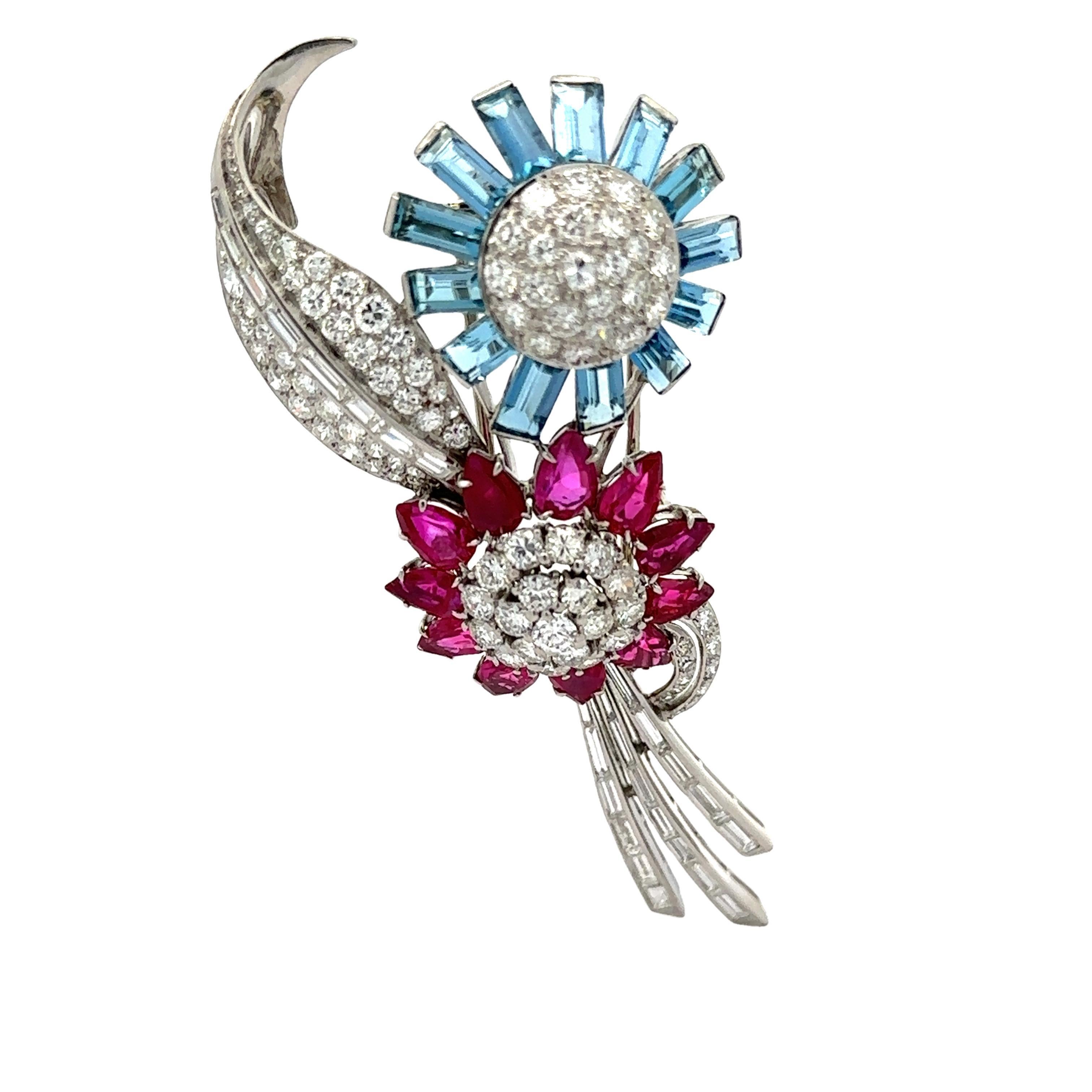 Trabert & Hoeffer Mauboussin Platinum GIA Ruby Aquamarine Diamond Flower Brooch For Sale 3
