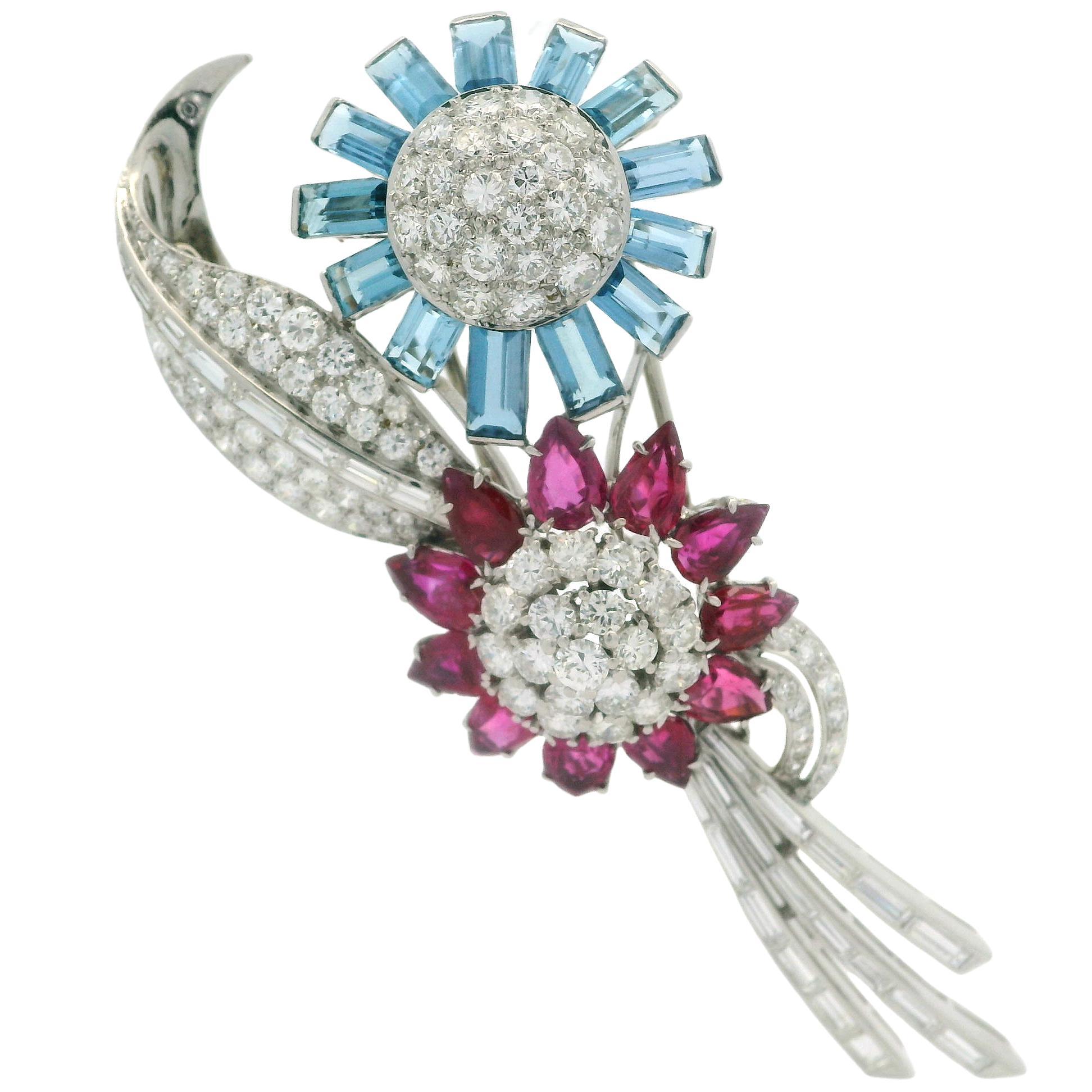 Trabert & Hoeffer Mauboussin Platinum GIA Ruby Aquamarine Diamond Flower Brooch For Sale 4