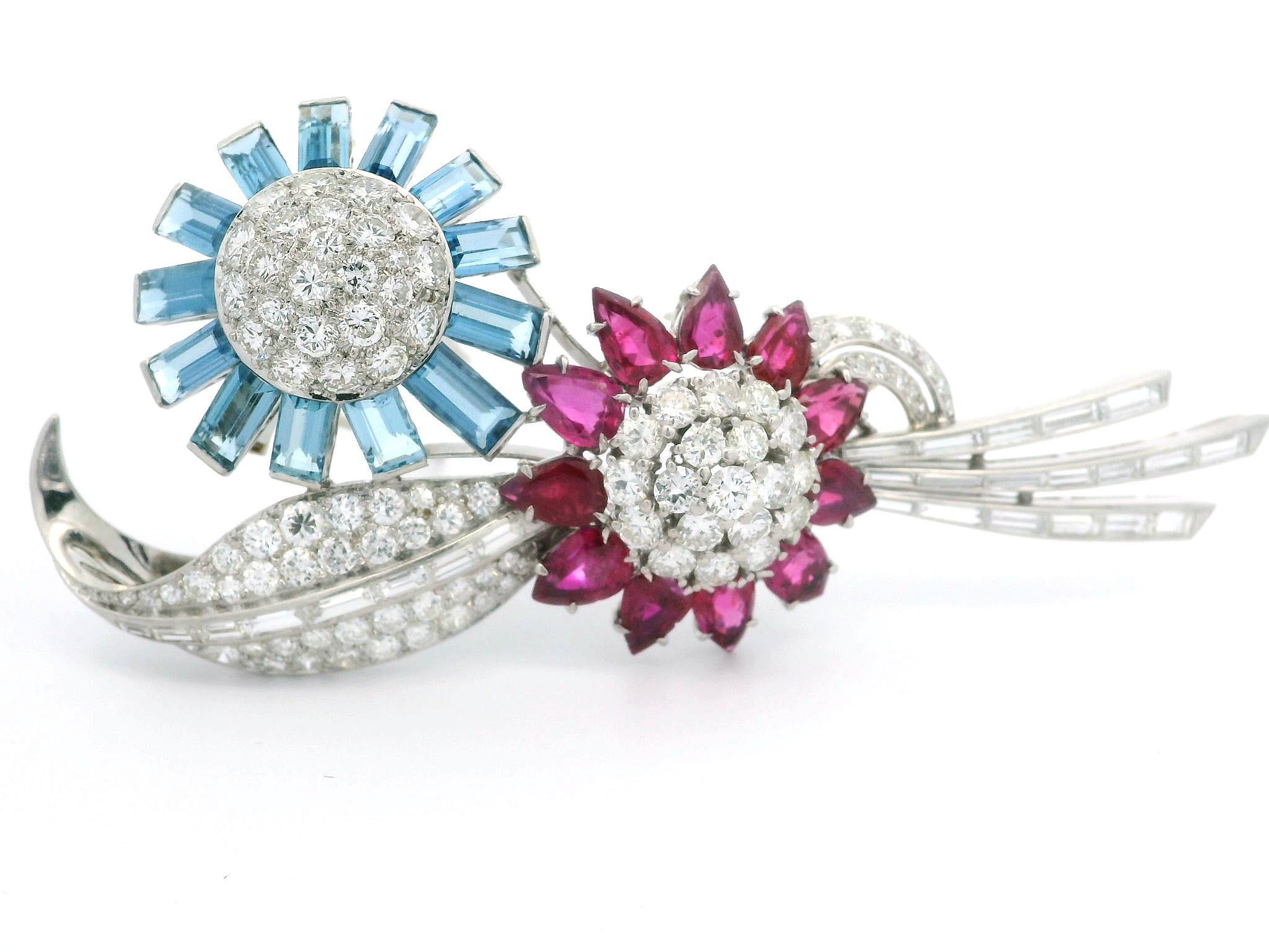 Trabert & Hoeffer Mauboussin Platinum GIA Ruby Aquamarine Diamond Flower Brooch