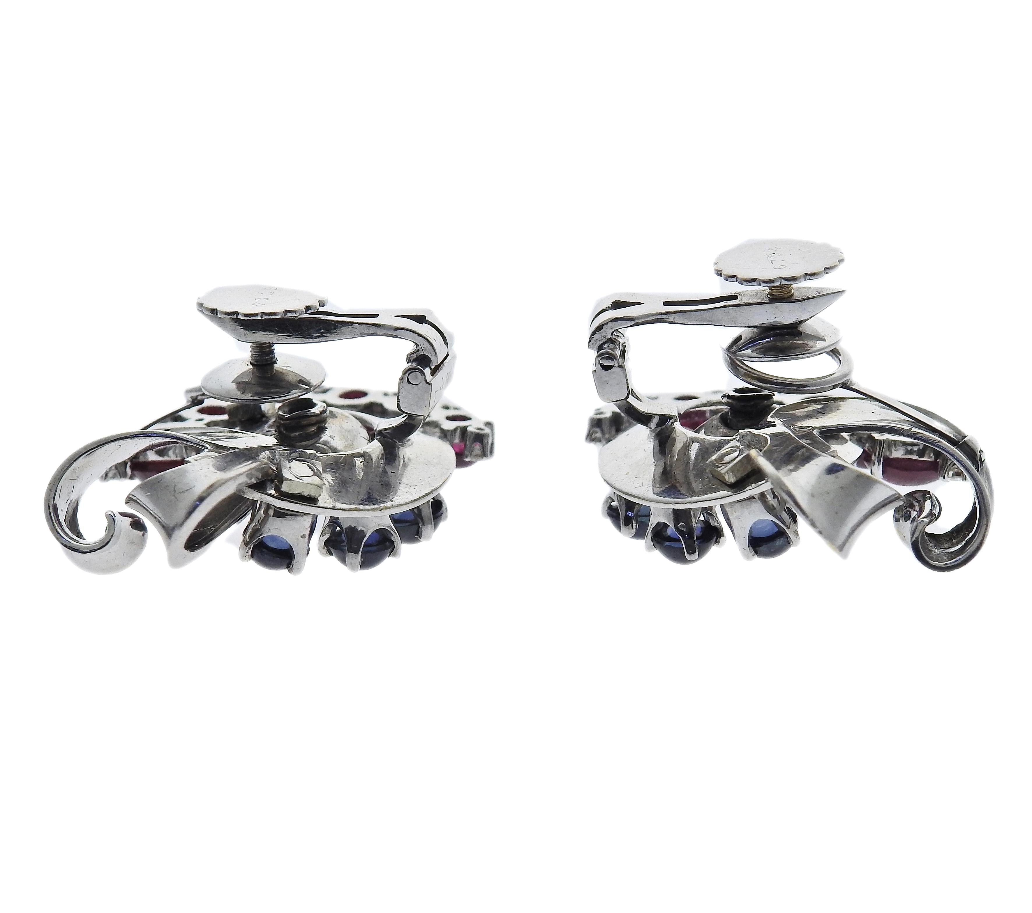 Cabochon Trabert Hoeffer Mauboussin Retro Gold Ruby Diamond Sapphire Earrings For Sale