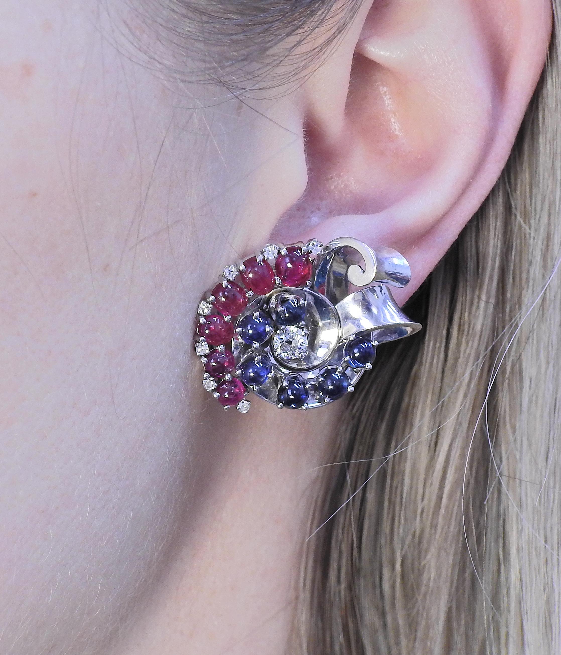 Women's Trabert Hoeffer Mauboussin Retro Gold Ruby Diamond Sapphire Earrings For Sale