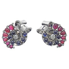 Trabert Hoeffer Mauboussin Retro Gold Ruby Diamond Sapphire Earrings