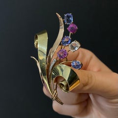 Trabert & Hoeffer Mauboussin Retro Reflection Saphir-Diamant-Brosche Gold 1940er Jahre