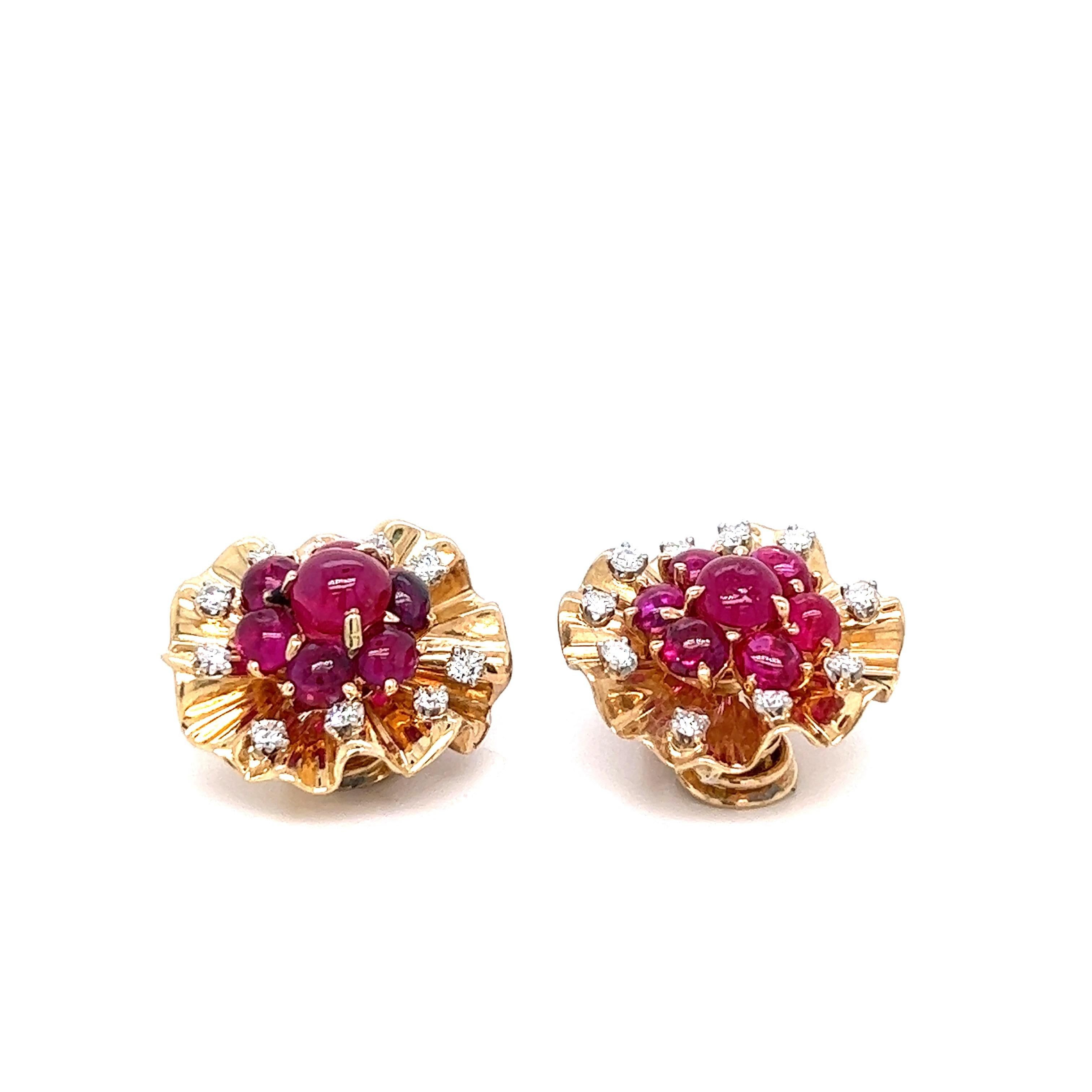 Cabochon Trabert & Hoeffer Mauboussin Ruby Diamond Gold Ear Clips For Sale